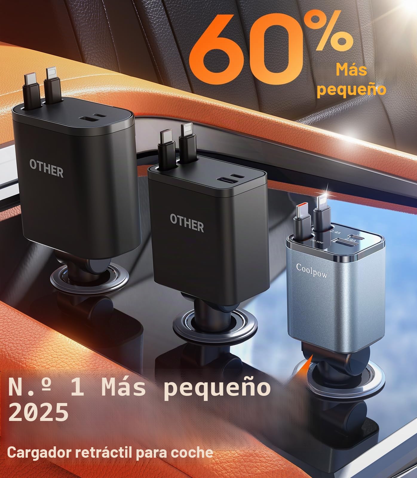 4 EN 1 Cargador Coche USB C, 69W Cargador Mechero Coche【180° Plegable】 Car Charger Adaptador Móvil Coche con 2 Cables Retráctiles para iPhone 16/15/Samsung S25/S24/iPad/GPS