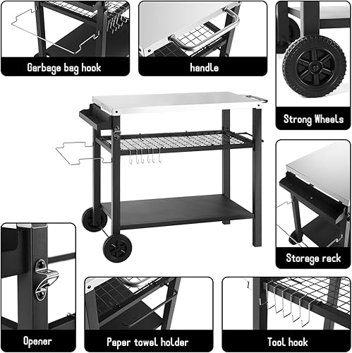 Miniatura 3 de Mesa de carrito de comedor con tres estantes, mesa móvil para barbacoa al aire libre, soporte para horno de pizza con tres ganchos, isla de carrito