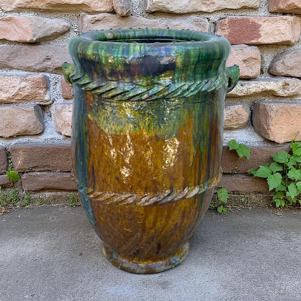 Marokkanische Vase Tamegroute, Amphore, handgefertigt, aus Keramik, Grün und Ocker, 38 x 38 x 62 cm