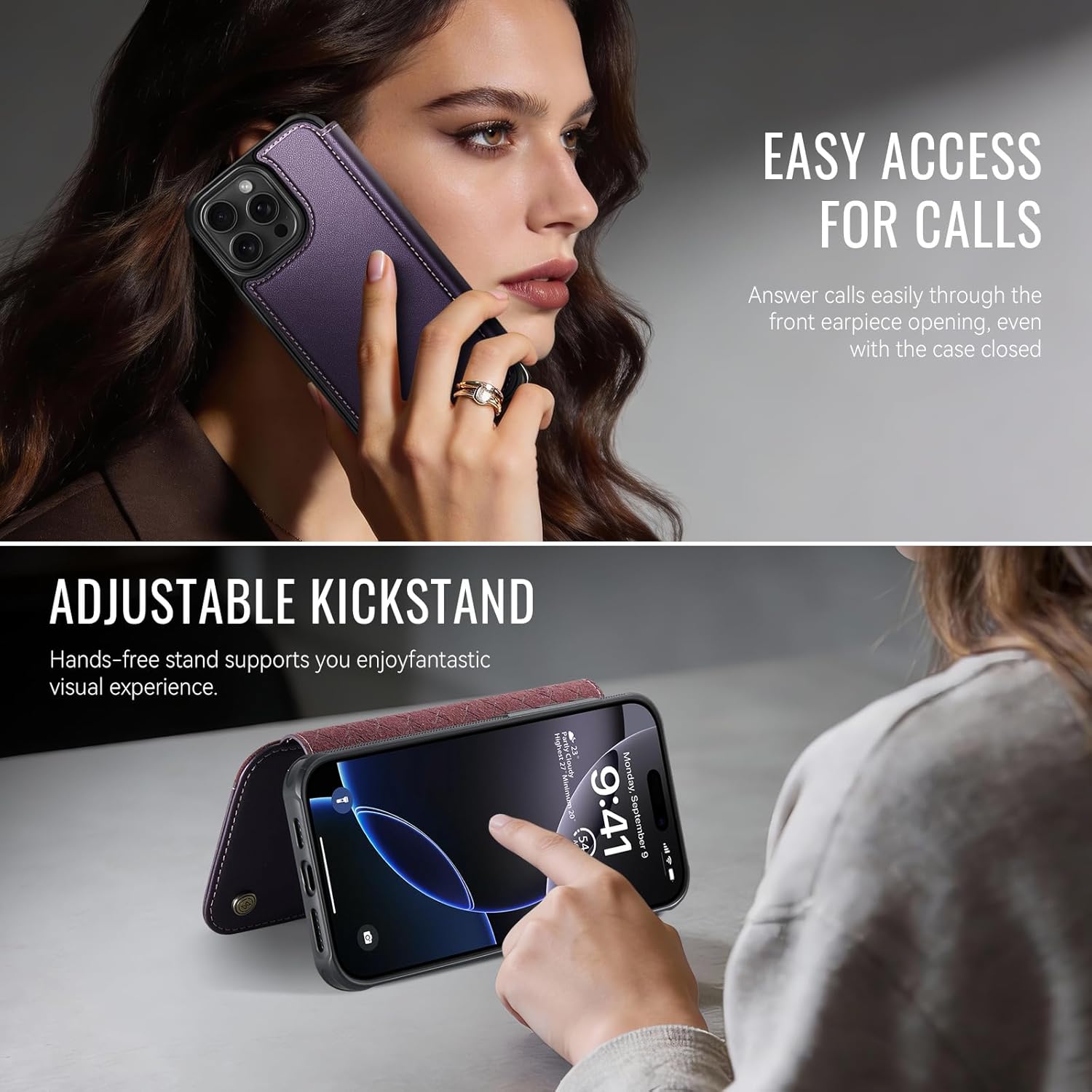 for iPhone 16 Pro Case Wallet Compatible with Magsafe, Slim PU Leather Flip RFID Blocking Card Holder Stand Shockproof Magnetic Women Men Wallet Phone Case Cover for iPhone 16 Pro, Purple