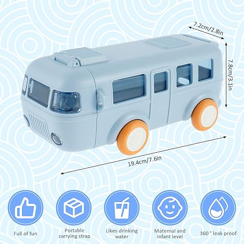 Miniatura 6 de Botella de agua de autobús con ruedas, taza de agua portátil de 16 onzas en forma de autobús, botella de agua para niños con correa, tapa abatible