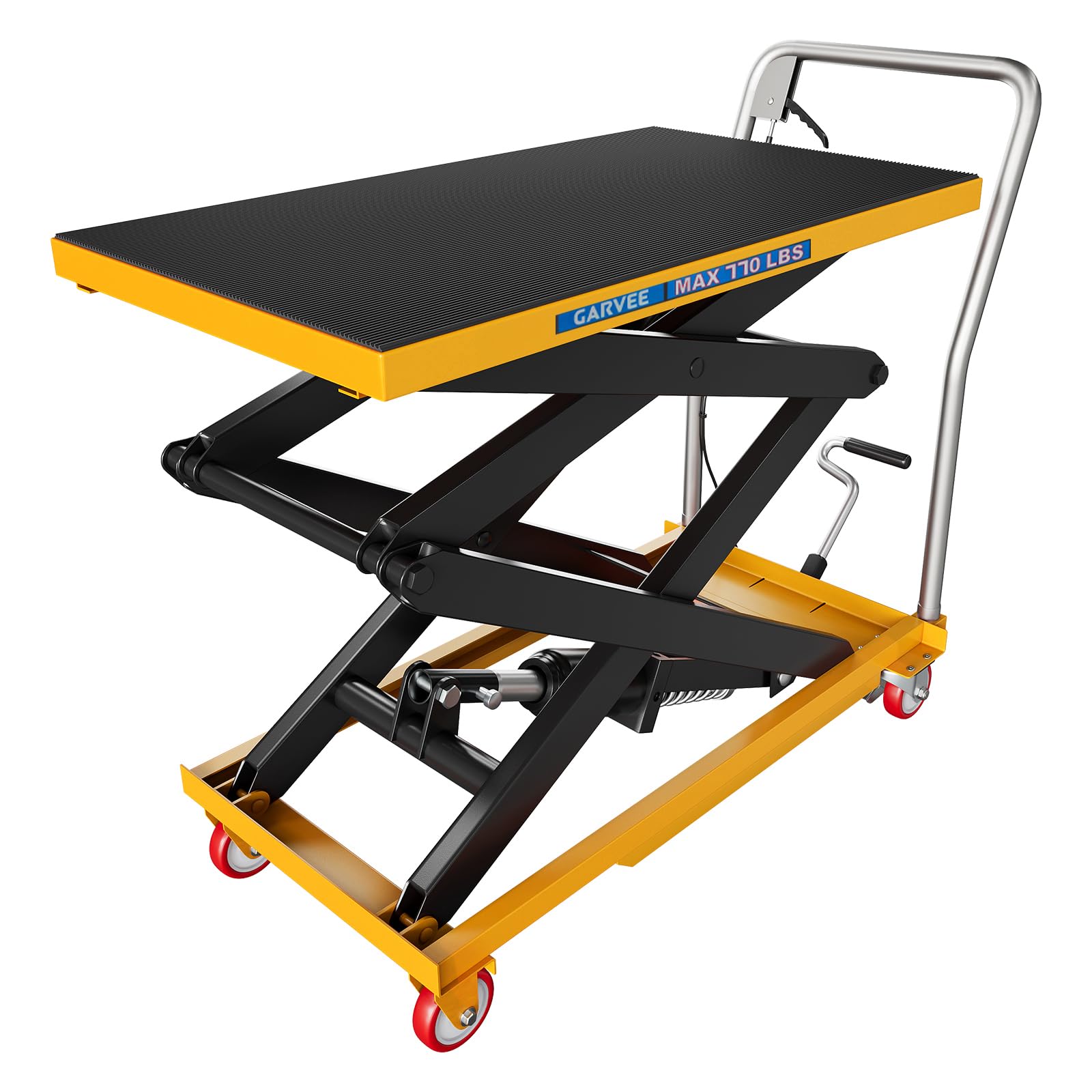 garvee hydraulic lift table cart, 770lbs capacity 50" lifting height, manual double scissor lift table with 4 wheels and non-slip pad, hydraulic scissor cart for material handling, yellow