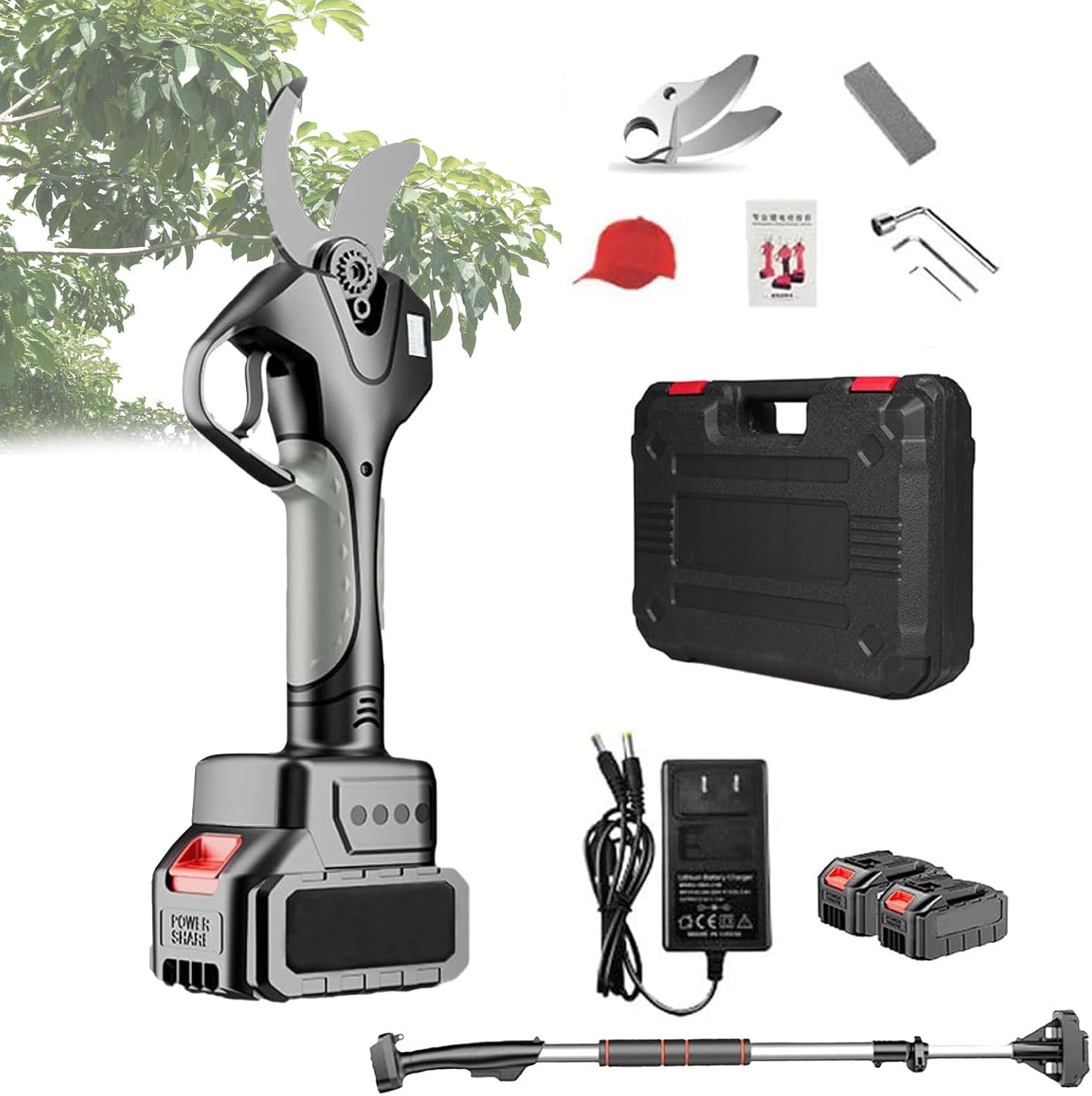 Portable Electric Secateurs 2 Inch Cutting Diameter Pruners for Heavy Duty Gardening with 4.4-7.1ft Scalable Extension Rod, Includes 2 Batteries and Charger