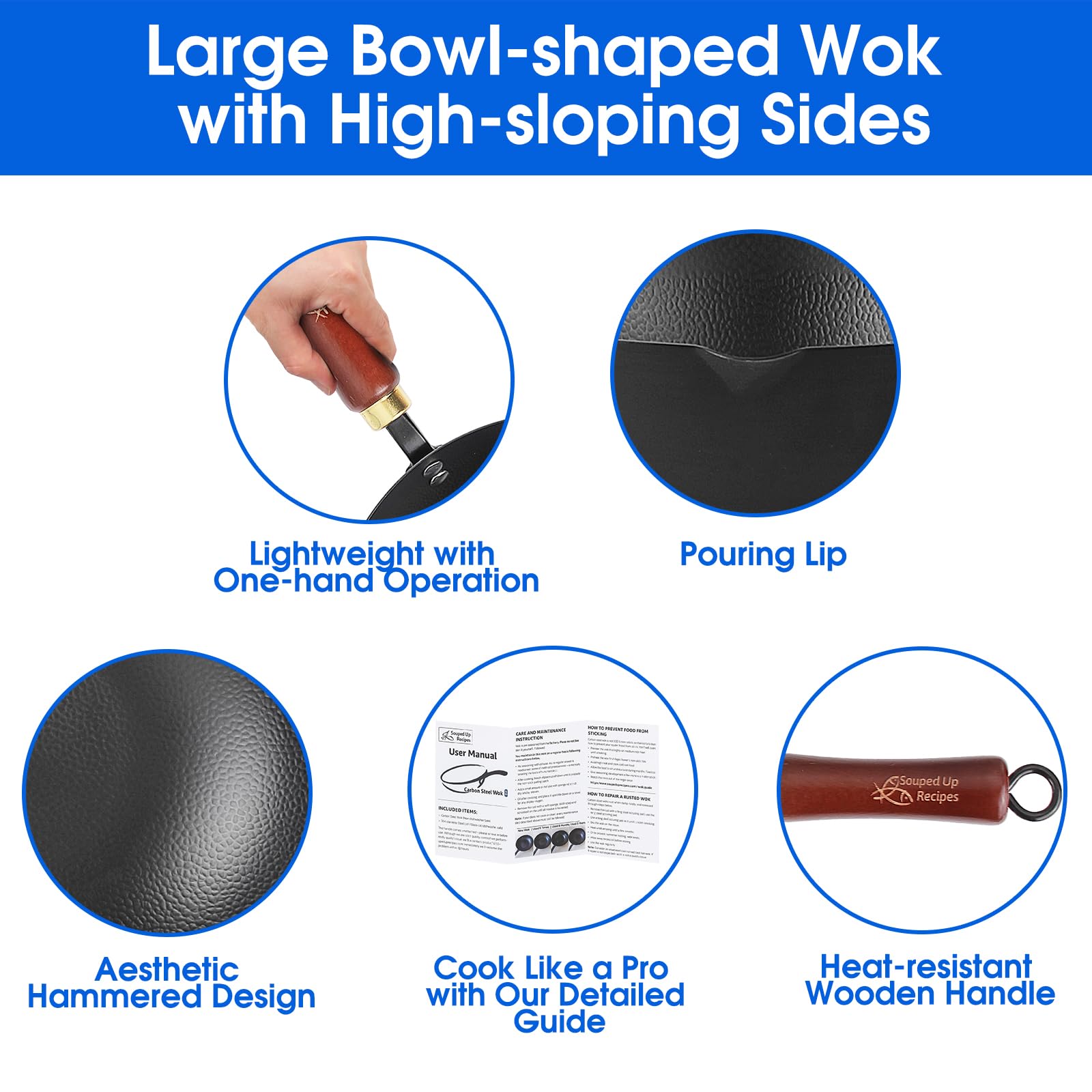Souped Up Recipes Wok de acero al carbono de 10 pulgadas para estufas eléctricas, de inducción y de gas (tapa y video guía de usuario incluidos)