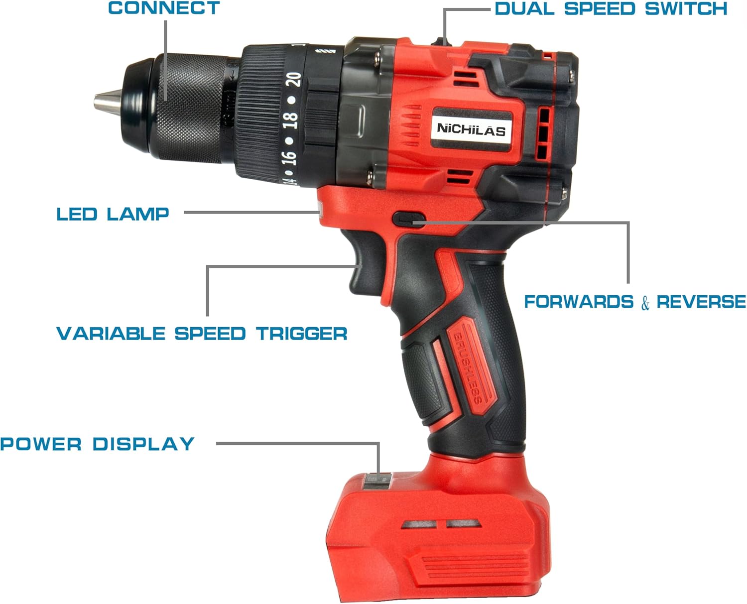 Cordless Drill Compatible with Milwaukee M18 Batteries, 1/2” Metal Self Lock Chuck, 150Nm MAX Torque, 2 Variable Speed 20+3 Position, Professional Drill/Driver (NO BATTERY)