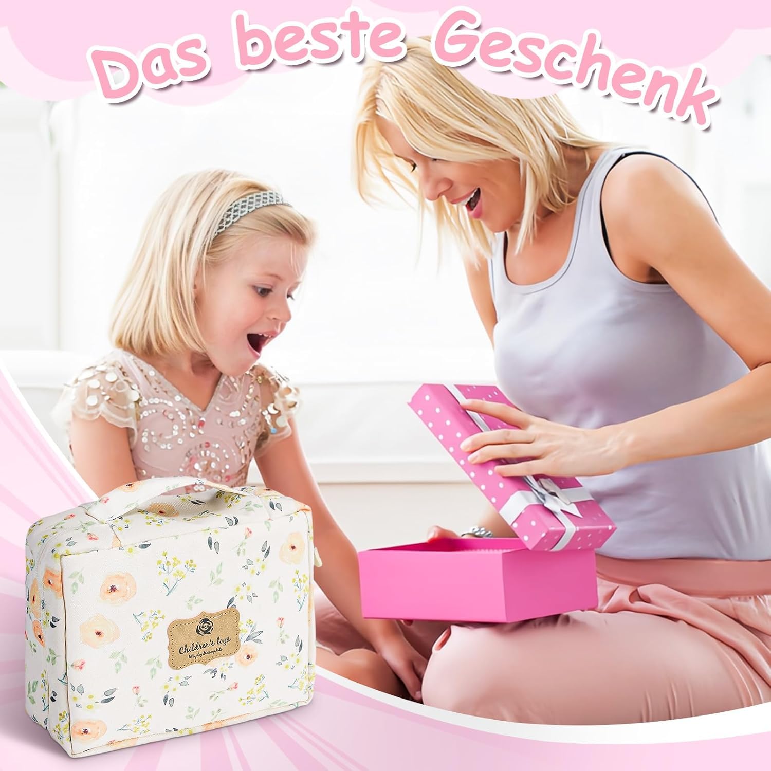 Herefun Set Trucchi Bambina in Legno Finti, 25 Pezzi Trucchi Bambina Giochicon, Set Trucco e Parrucchiere con Borsa Cosmetici e Elastici, Giocattoli Finti Montessori per Gioco di Ruolo, Regalo Bimba