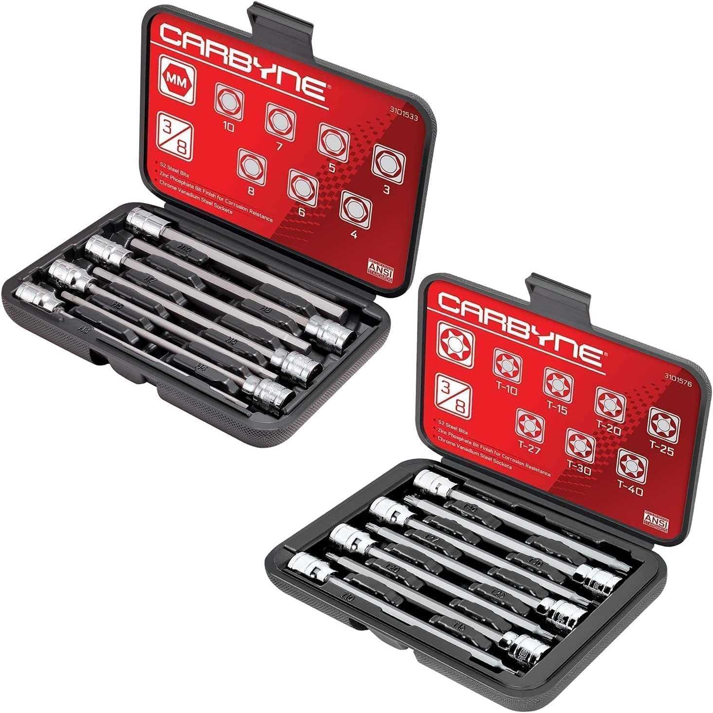 CARBYNE Metric Hex & Torx Extra Long Bit Socket Sets - 14 Pieces, (3mm to 10mm Metric Sizes, T-10 to T-40 Torx Sizes), 3/8" Drive, S2 Steel Bits, CrV Sockets