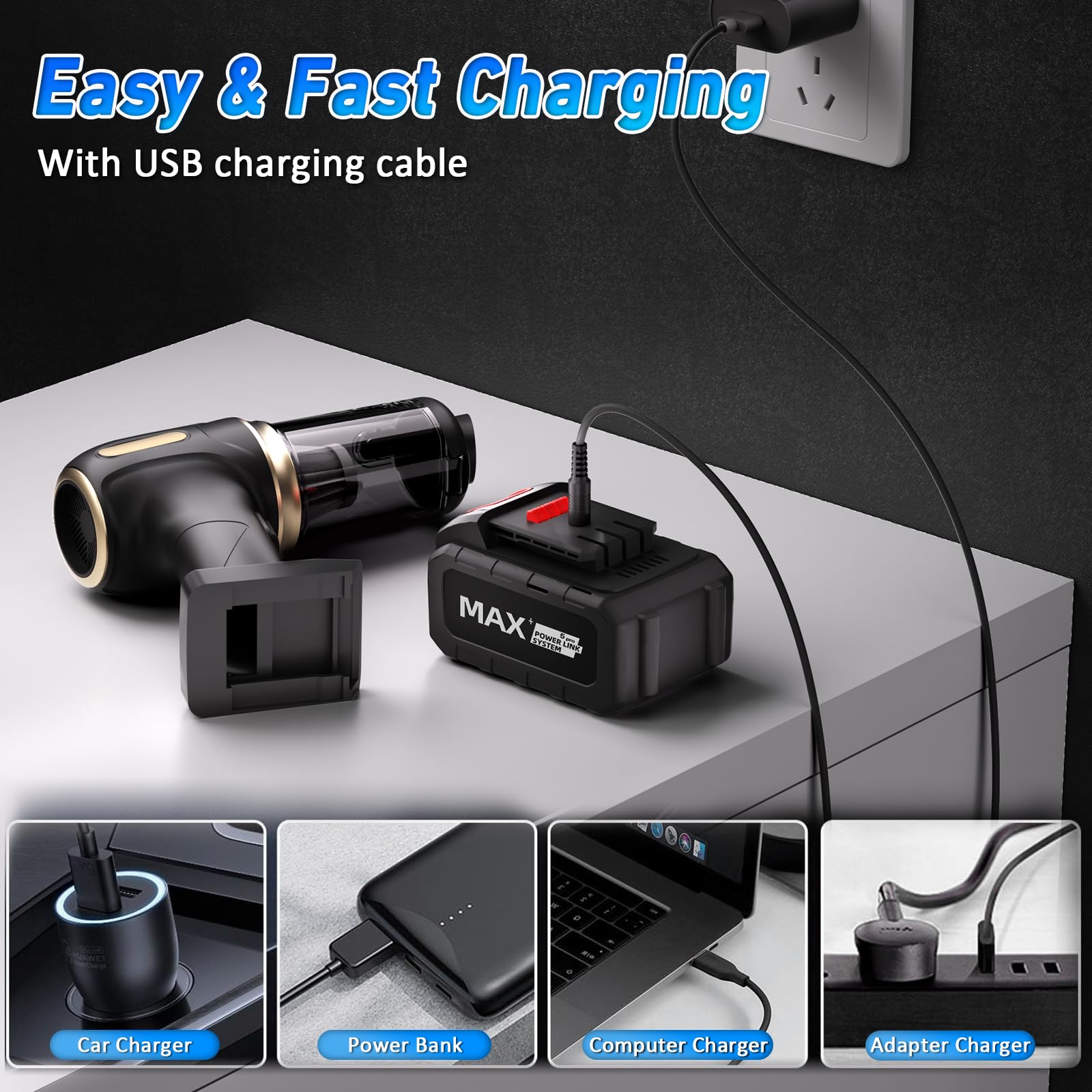 D-Lumina Potente aspiradora de coche de 22000 PA, mini aspiradora portátil inalámbrica recargable, sistema de doble filtración, ajuste de 2 marchas, adecuada para limpieza profunda de coches y hogares