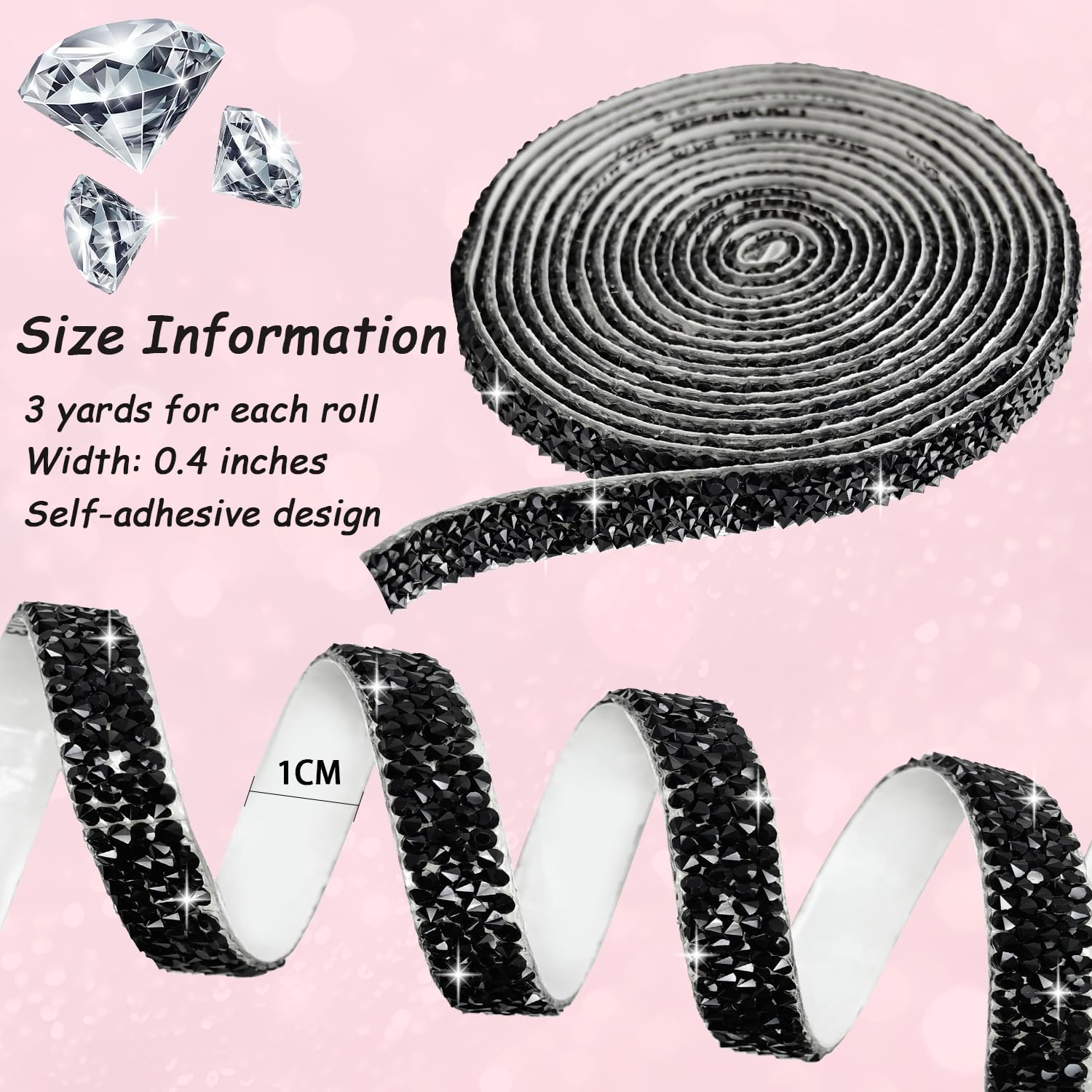 Rhinestone Ribbon Black Rhinestone Strips Self Adhesive, 3 Yards Black Bedazzling Strips Crystal Rhinestone Ribbons Diamond Sticker for Wedding Birthday Christmas Party DIY Crafts (0.4 Inch Wide)