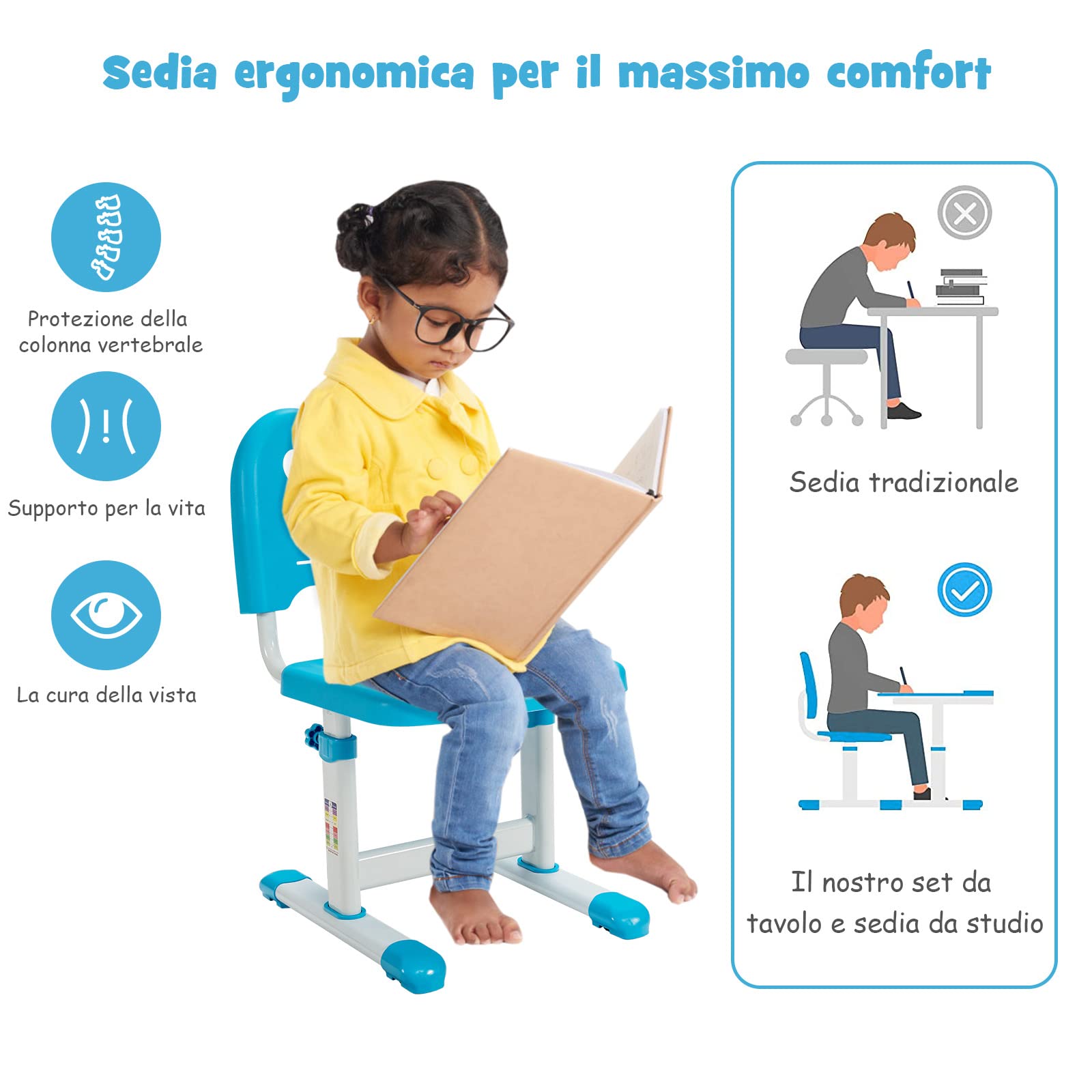 COSTWAY Set Scrivania e Sedia per Bambini, Set Tavolo con Altezza Regolabile per Bambini, Tavolo per Studiare con Superficie Inclinabile (Blu)
