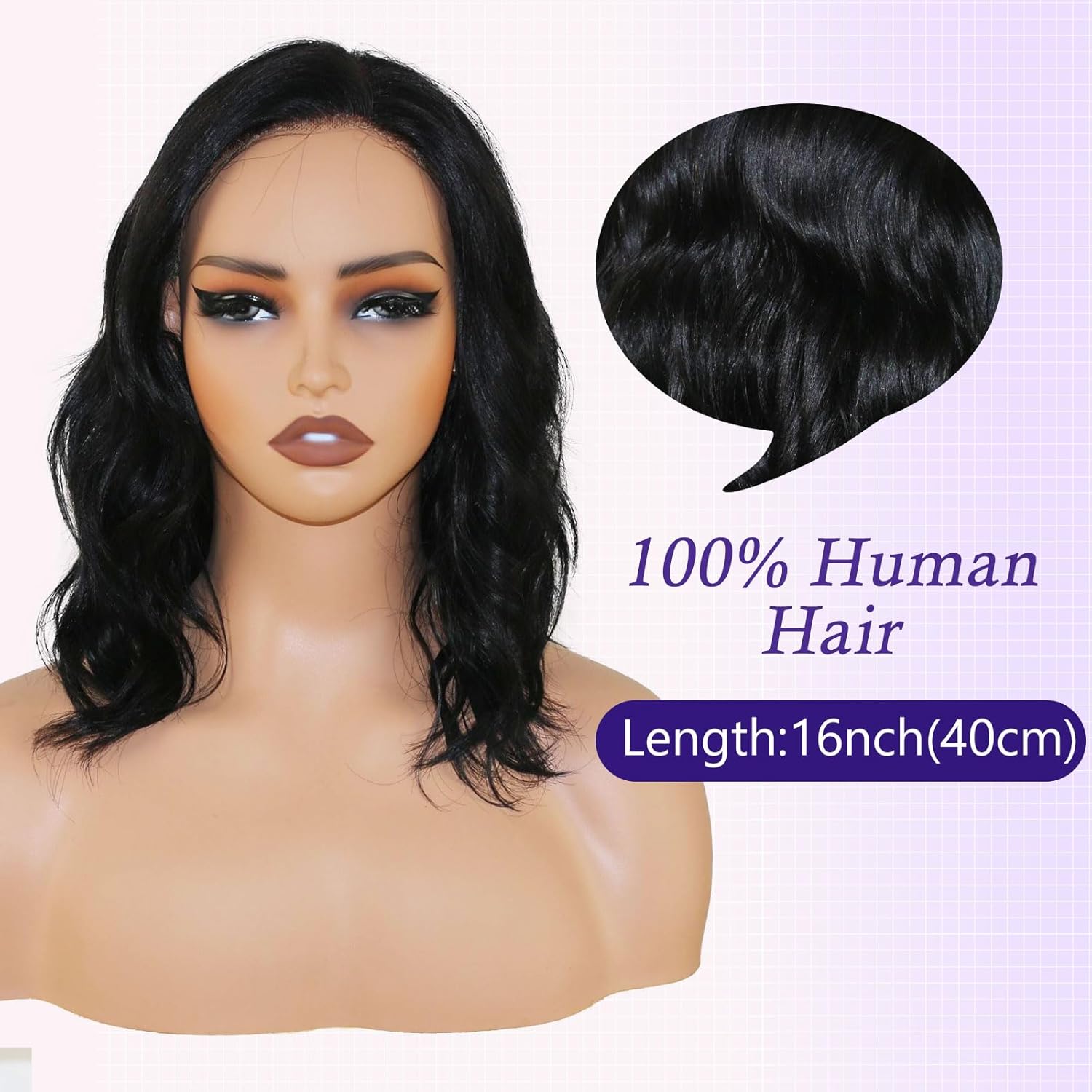 16 Inch Body Wave Human Hair Wig - Bye Bye Knots Glueless Wig with Pre-Cut Swiss Lace & Pre-Bleached Knots - 100% Brazilian Remy Human Hair Side Part Lace Front Wig Natural Black Color
