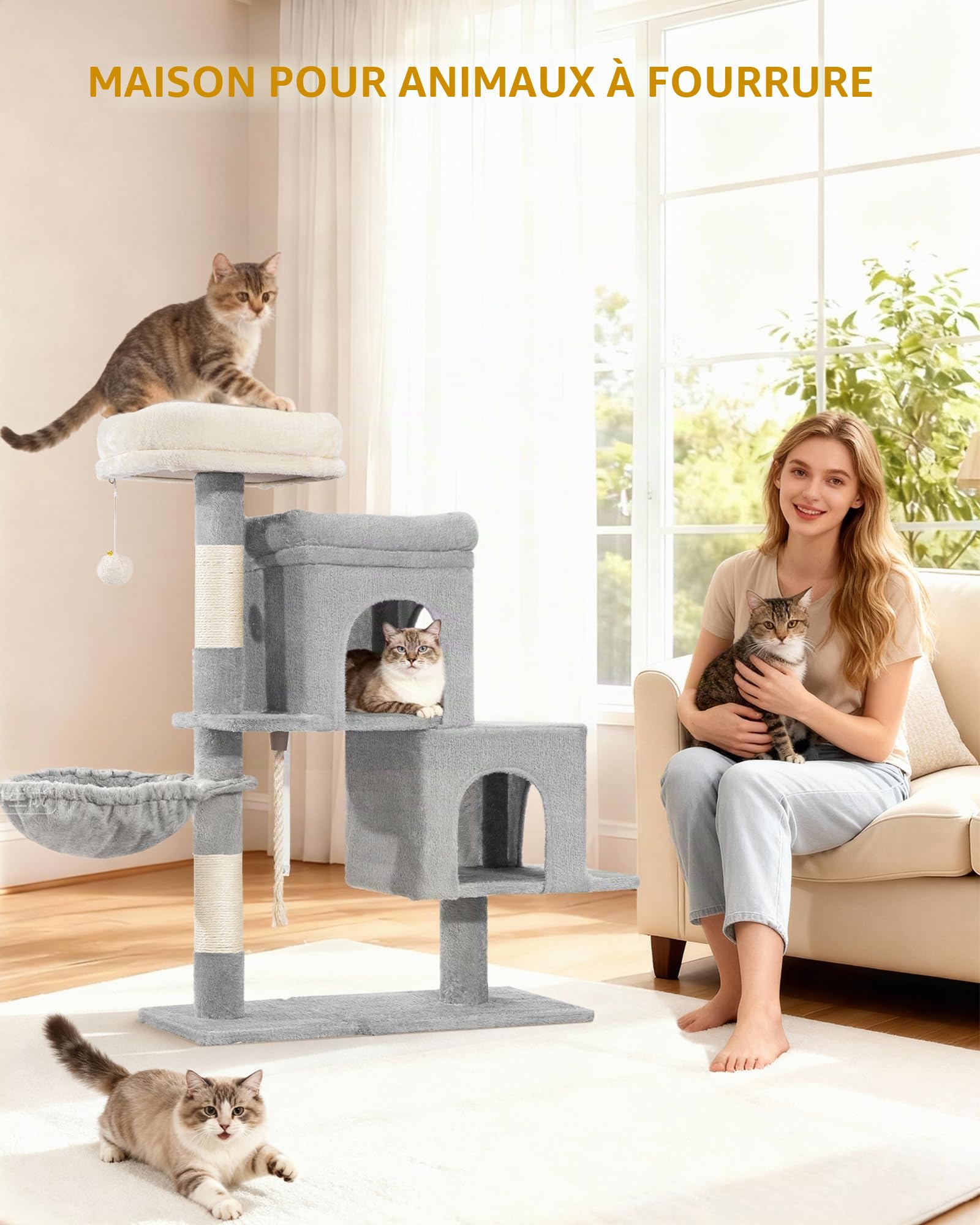 Hzuaneri Arbre a Chat, Petit Arbre à Chat de 95 cm, Spacieux et Stable, Fond Réglable, avec Grande Plateforme Souple, Pompons, Panier, Griffoir, Corde en Sisal, Gris Clair MS09718LG