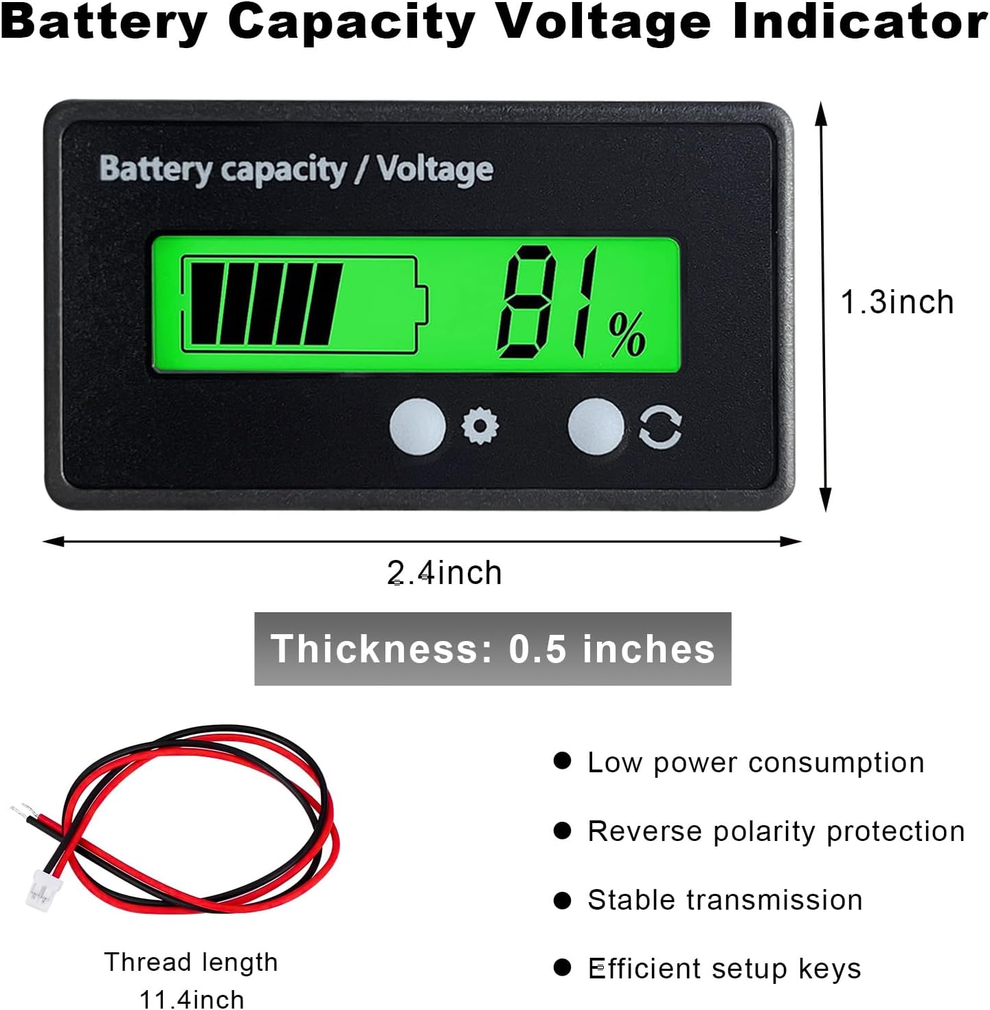 DC 12V 24V 36V 48V 60V 72V 84V Battery Meter, Front Setting Battery Capacity Voltage Indicator Gauge with Alarm, LCD Display Voltmeter Acid and Lithium ion Indicator for Most Cars (Green)