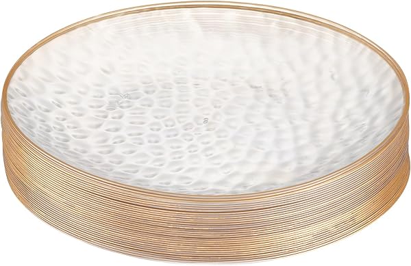 PLASTICPRO 30 Pack Hammered Plastic Plates Heavyweight Disposable Plastic Plates Elegant Clear Hammered Rim Platsic Party Dishes (Hamered Clear With Gold Rim, 7'' INCH PLATES) - 1