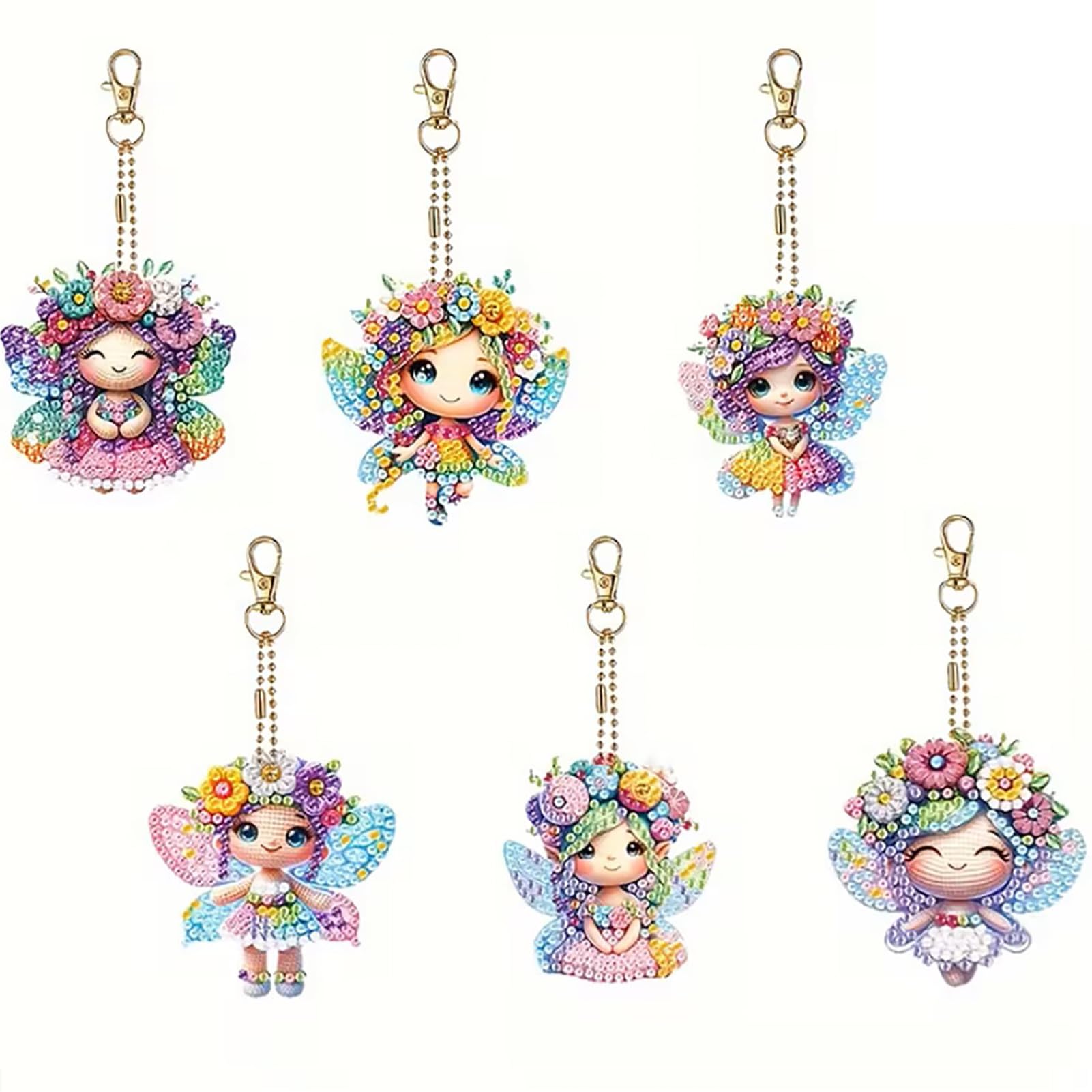 Amyaker ダイヤモンドアート キット 6個入 DIY キーホルダー 5Dダイヤモンド塗装キット ダイアモンドビーズ キーホルダー 両面全貼り付け DIY手作り キーホルダー 財布 キーペンダント バッグ 装飾用 妖精さん
