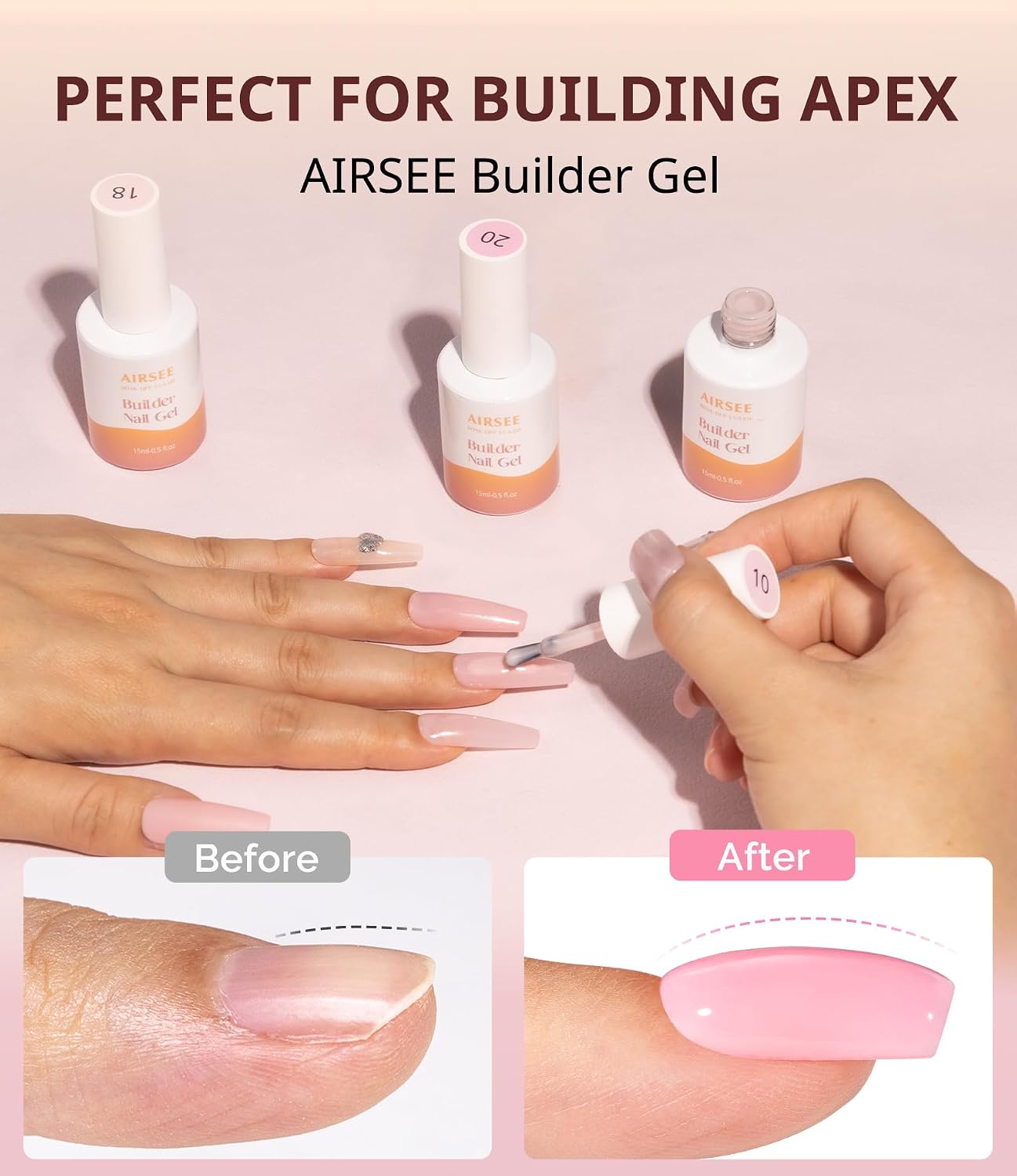 AIRSEE Builder Gel for Nails, 15ml Strengthener in a Bottle, Extension Hard Base, Soak Off Long Lasting UV Rhinestone Glue, Salon DIY Manicure Art Design - Sakura Pink-20