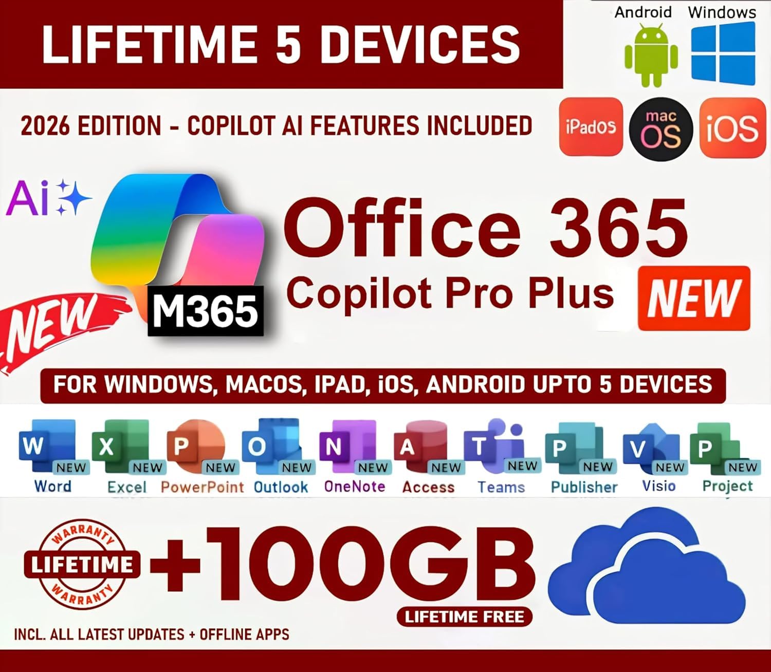 OFFICESUITE 365 Pro Plus with New Copilot Ai Edition Ms | Latest 2026 Launch | (upto 5 Devices, Lifetime Validity) for Win, iOS, macOS, iPADOS, Android | 100GB Storage (Cloud) for lifetime | Regular Updates with Unlimited Reinstallations