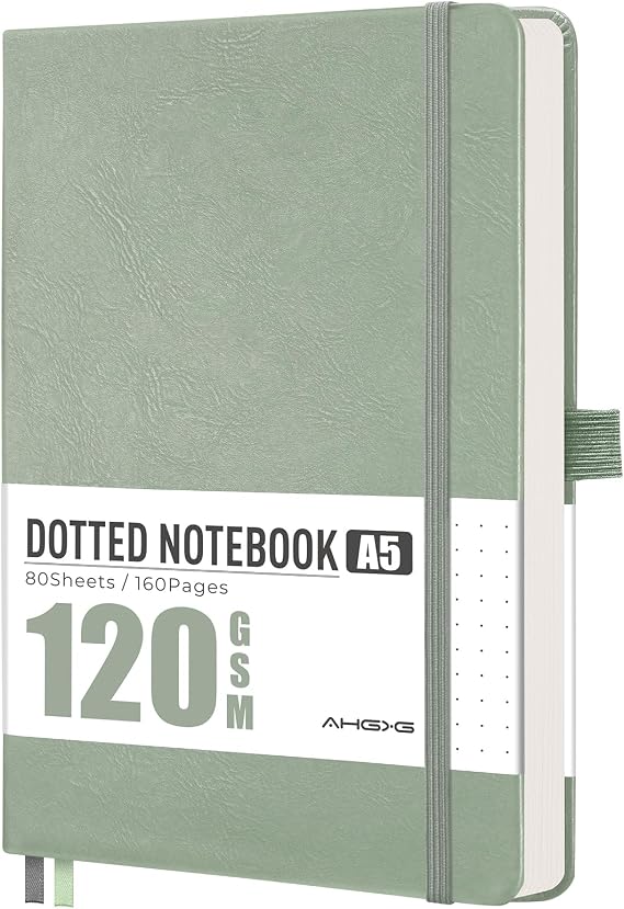 AHGXG Dotted Journal Notebook, 160 Numbered Pages, A5 Medium Size (5.7'' x 8.3''), 120 GSM Thick Paper, Leather Hardcover, for Journaling, Planning, Tracking (Sage Green)
