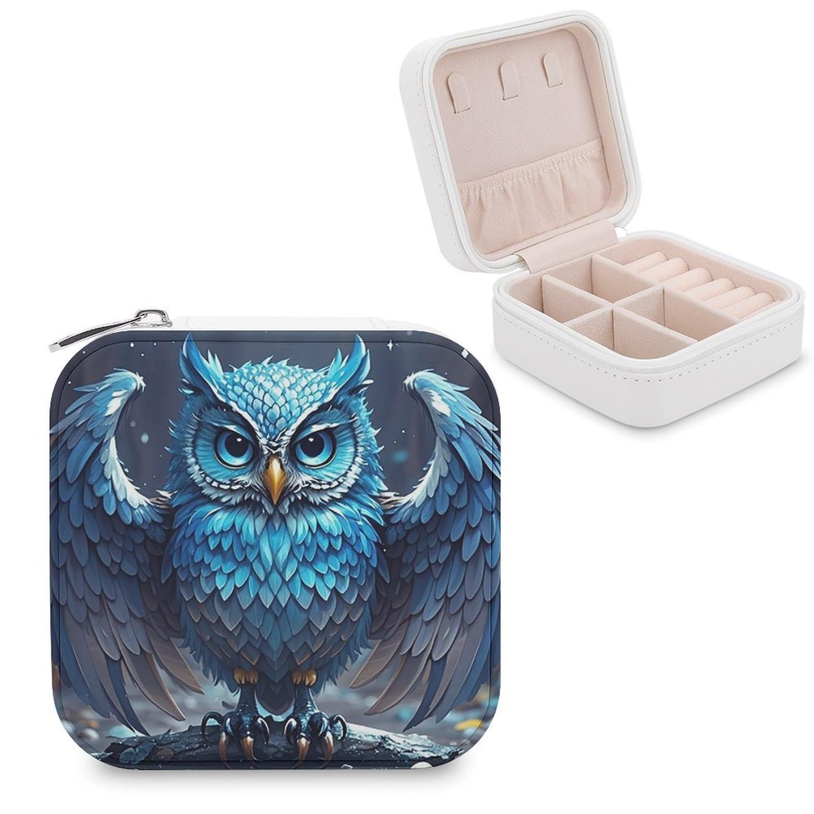 FekiLoot Blue Owl Jewelry Box Custom Jewelry Travel Case Pu Leather Trinket Organizer Box to Organize Ring Pendant Earring Small Portable Jewelry Storage Holder for Women