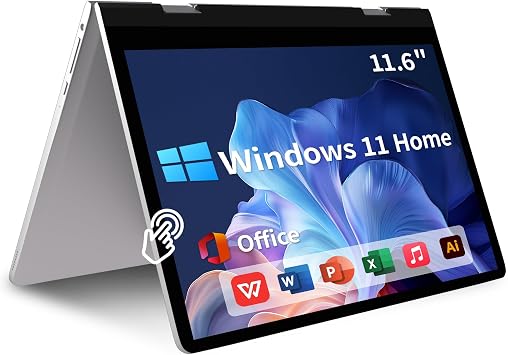11.6 inch Touchscreen Laptop Tablet, 2 in 1 Laptop Win11 Home 4GB RAM 256 GB SSD, HDMI Type-C 2.4G/5G WiFi BT SD Slot 3.5mm Jack 5000mAh for Work Education Entertainment