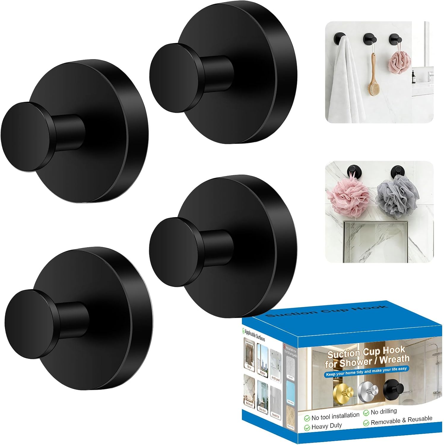 Herda Shower Hooks for Inside Shower, Reusable Stainless Steel Heavy Duty Suction Cup Hooks for Windows, Glass Door, Mirror, Tile, Waterproof Drill-Free Towel Hooks, Holds Up to 15 Lbs - 4 Pack, Black