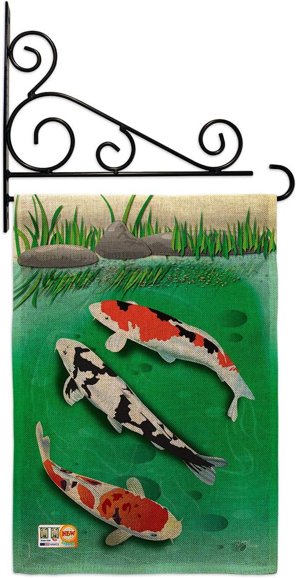 Koi Burlap Garden Flag Set Wall Holder Animals Sea Creature Nautical Ocean Fish Outdoor Summer Marine Small Decorative Gift Yard House Banner Double-Sided Made In USA 13 X 18.5