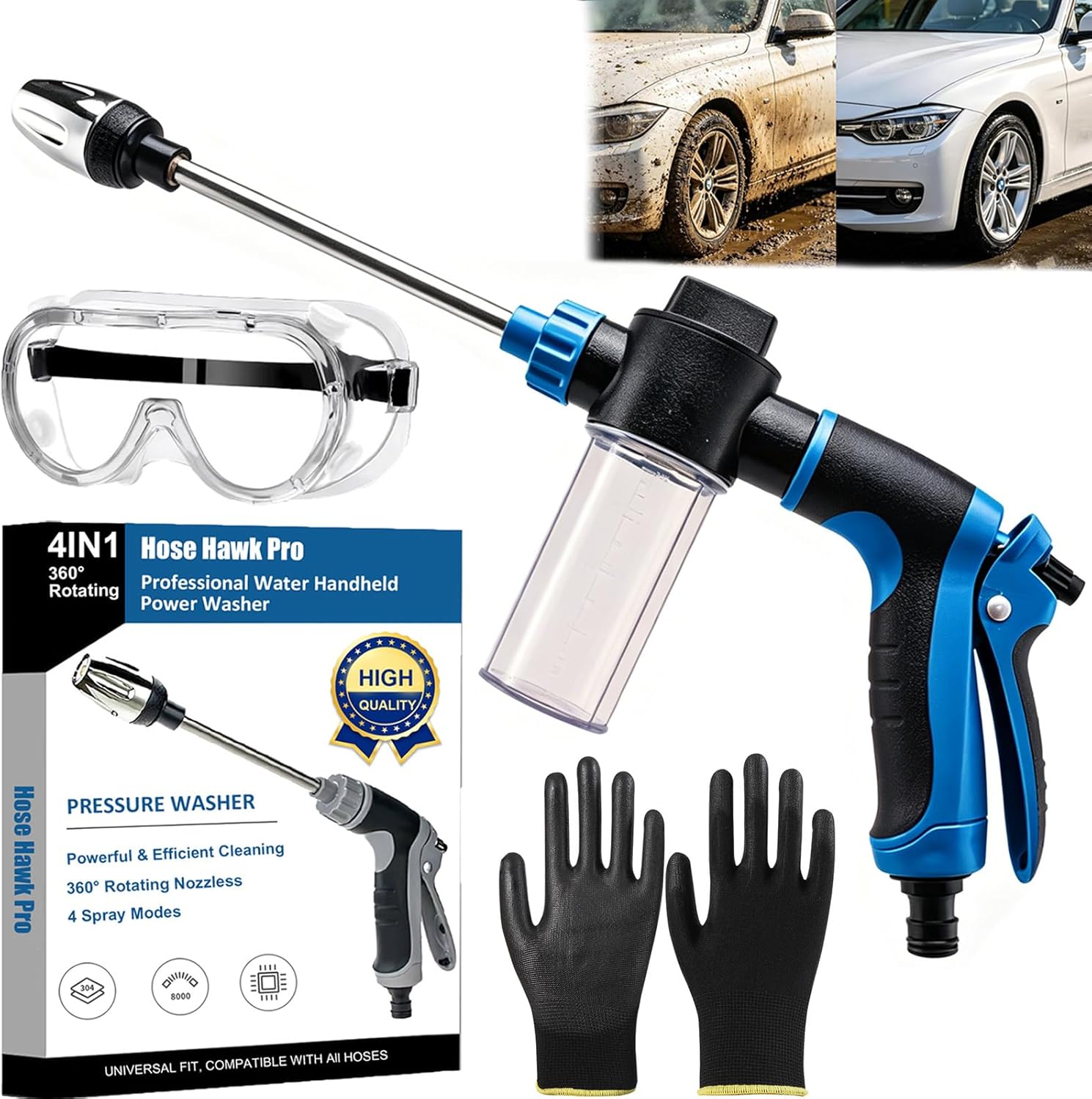 Hose Hawk Pressure Washer, Hosehawk Pro - Professional Water Handheld Power Washer with 360° Rotating Nozzless, Multi Function High Pressure Hose Nozzle for Cleaning Yard Car Driveways (Black B)