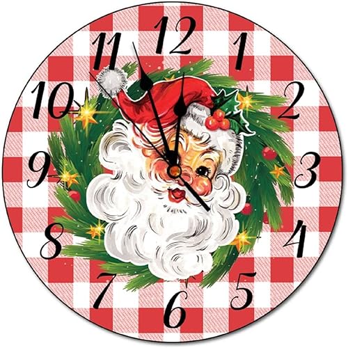 Reloj de Navidad de Papá Noel, estilo retro, 10 pulgadas, color rojo, blanco, a cuadros, silencioso, funciona con pilas, fácil de leer, Año Nuevo,