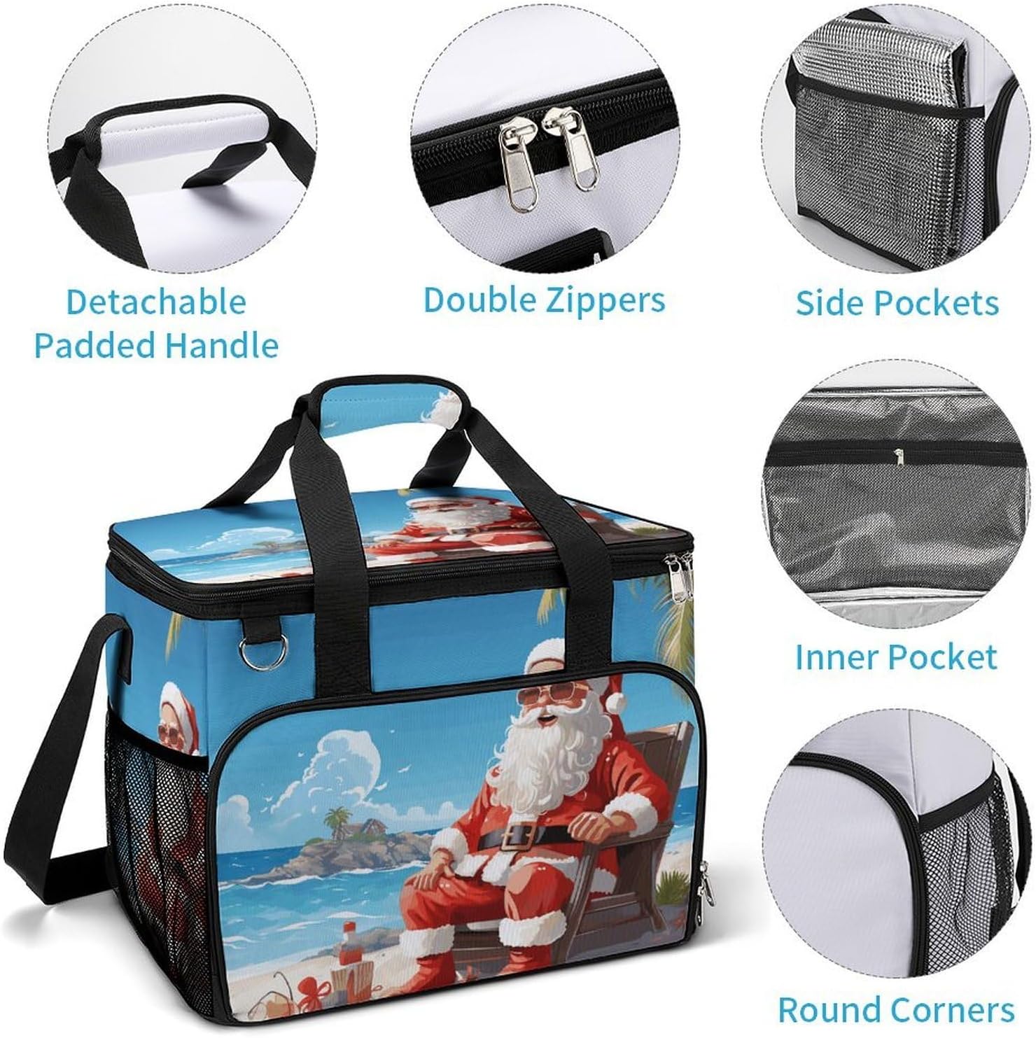 Large Capacity Oxford Cloth Santa Claus at Beach Printed Camping Ice Bag, Outdoor Portable Insulation and Cooling Bag, Suitable for Outdoor Camping and Picnics