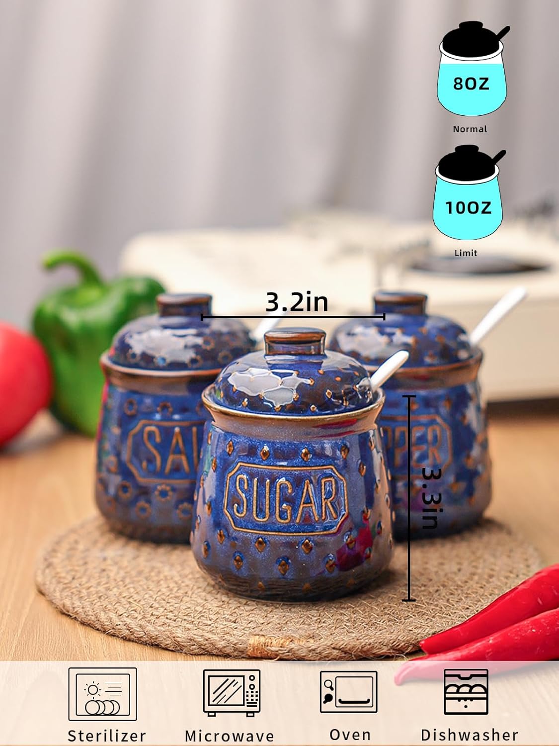 GDCZ 10 Oz Sugar Pepper and Salt Bowls with Lid and Spoon, Ceramics Seasoning Container, Seasoning Jar Spice Container for Kitchen,Dishwasher Safe, Set of 3 (Blue)