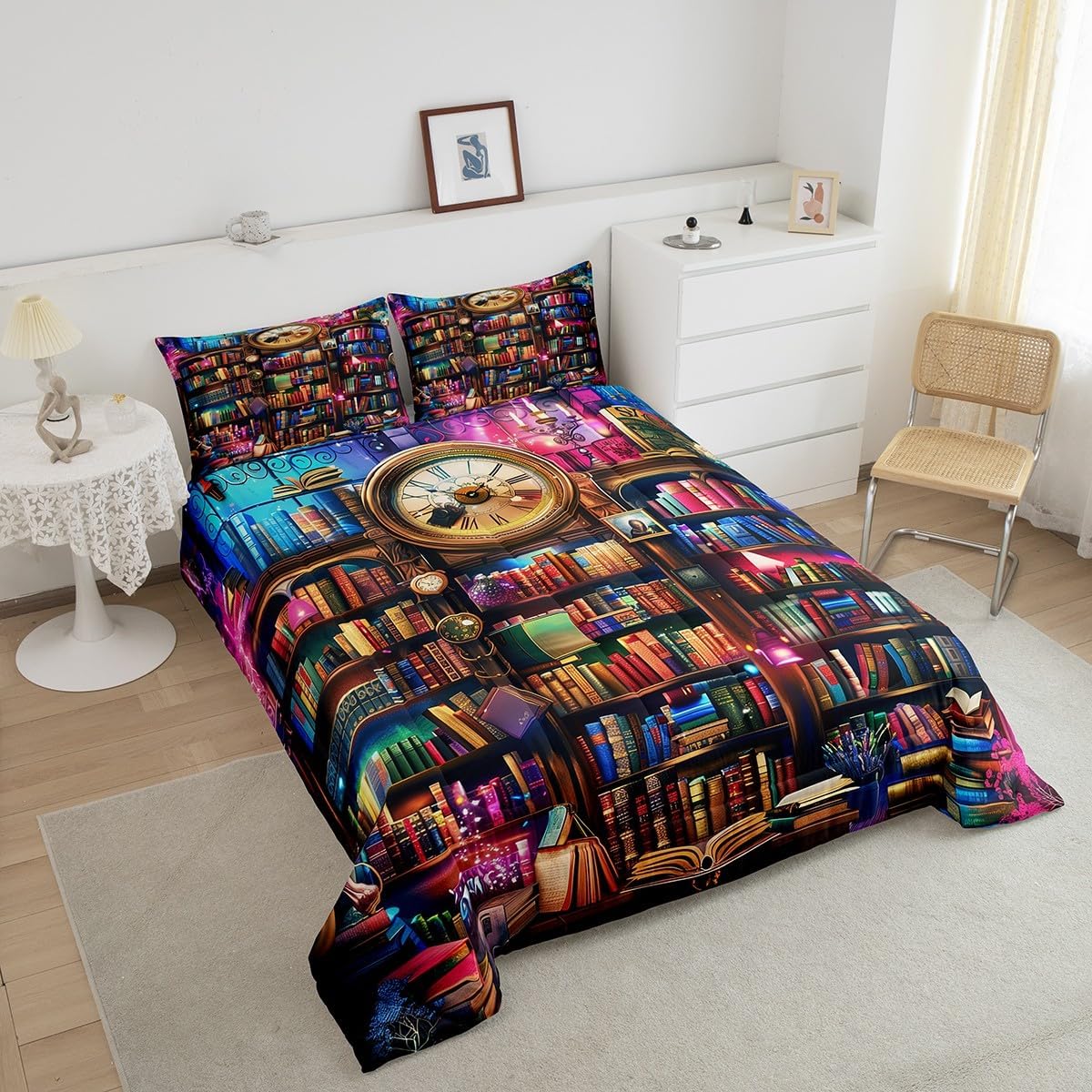 3D Books Bedding Set Queen Size 3 Pcs Magical Mysterious Style Dreamy Comforter Set for Kids Teens Adults Library Books Decor Retro Clock Western Style Quilted Comforter with 2 Pillowcases