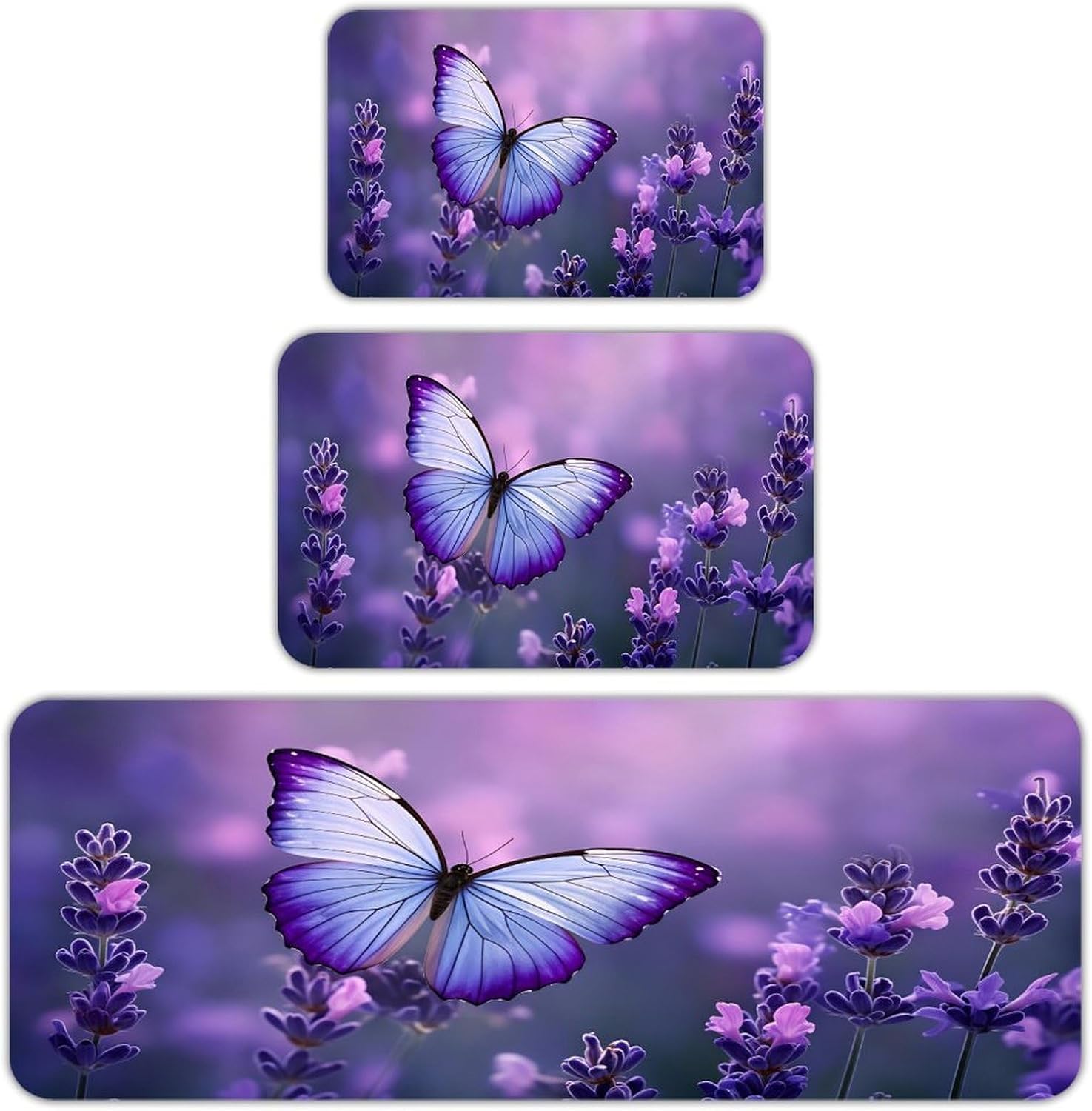 Purple Butterfly Lavender Flower Garden Anti Fatigue Kitchen Rug Set of 3 Non-Slip Waterproof Cushioned Comfort Standing Floor Mat Washable Farmhouse Decorative Rug for Kitchen Office Sink Laundry Hal