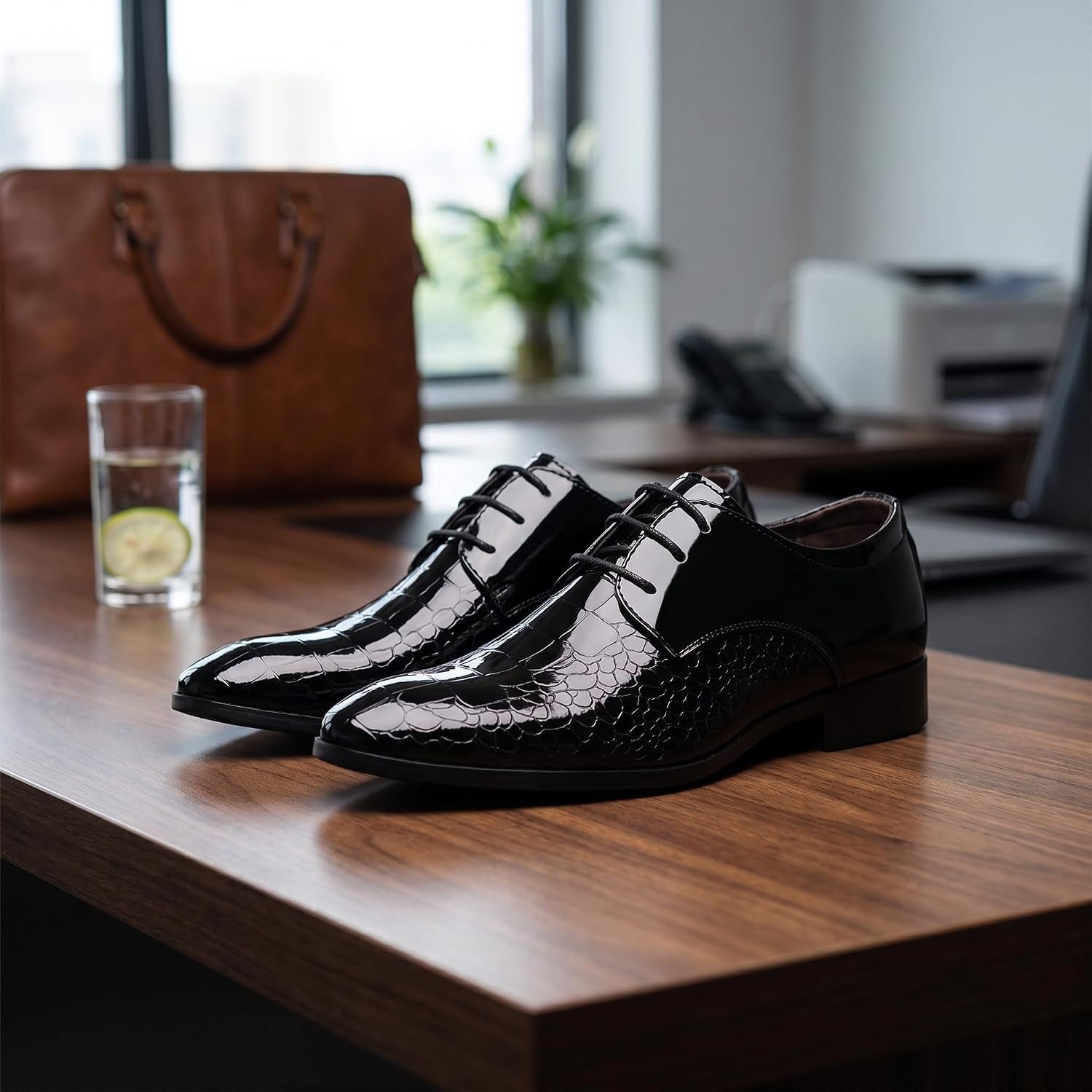 Men's Crocodile Print Patent Leather Oxfords - Formal Business Lace-Up Dress Shoes for Wedding Prom Tuxedo