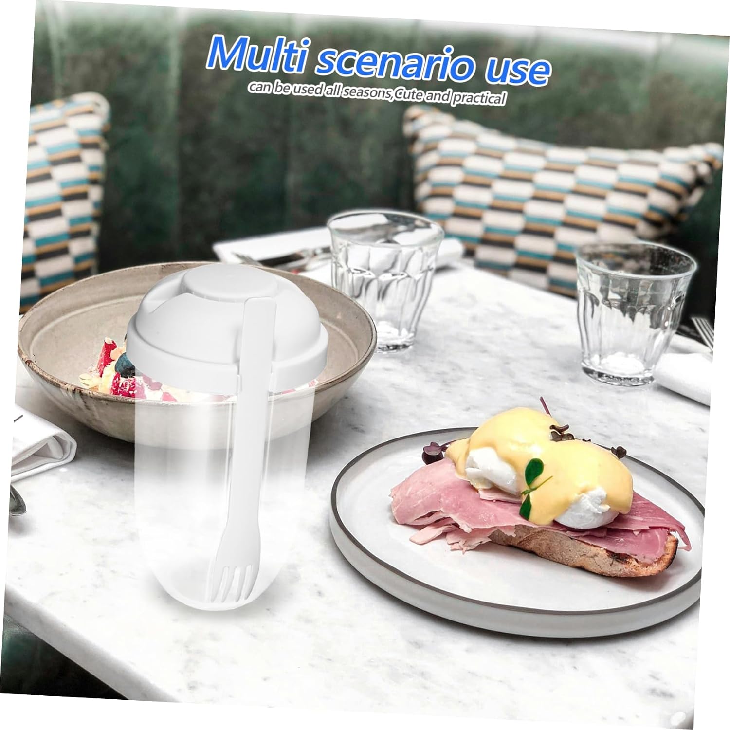 Mikinona Portable Salad Shaker Cup with Fork Leak Jar Container for Fruit Vegetable Dressing Food Storage for Lunch Snacks Stylish White Design
