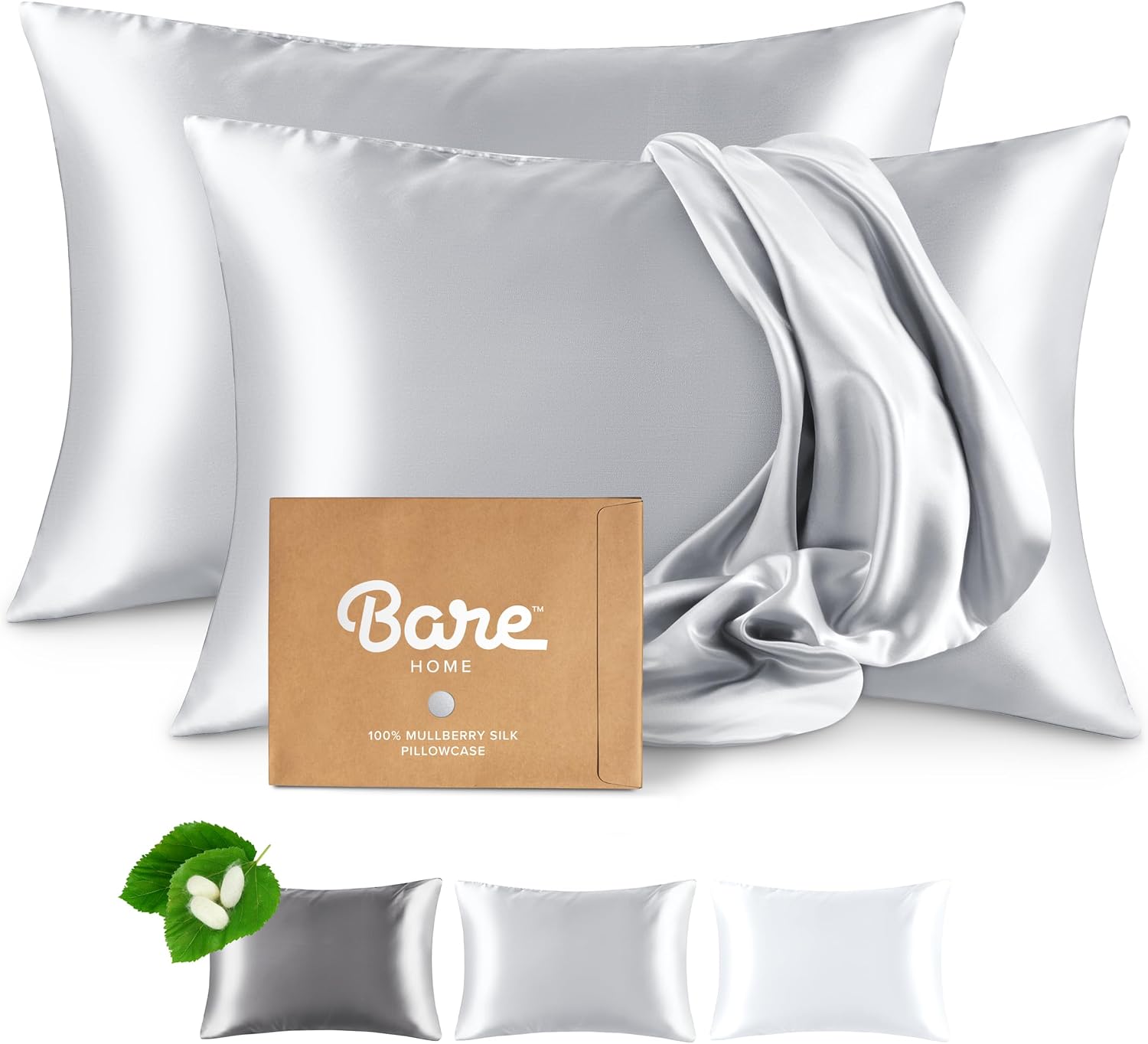 Bare Home 100% Mulberry Silk Pillowcase for Hair and Skin - Ultra Premium 6A Grade 19 Momme Silk Pillow Case - Hidden Zipper - Breathable Cooling Pillow Cover (Standard 2 Pack, Silver)