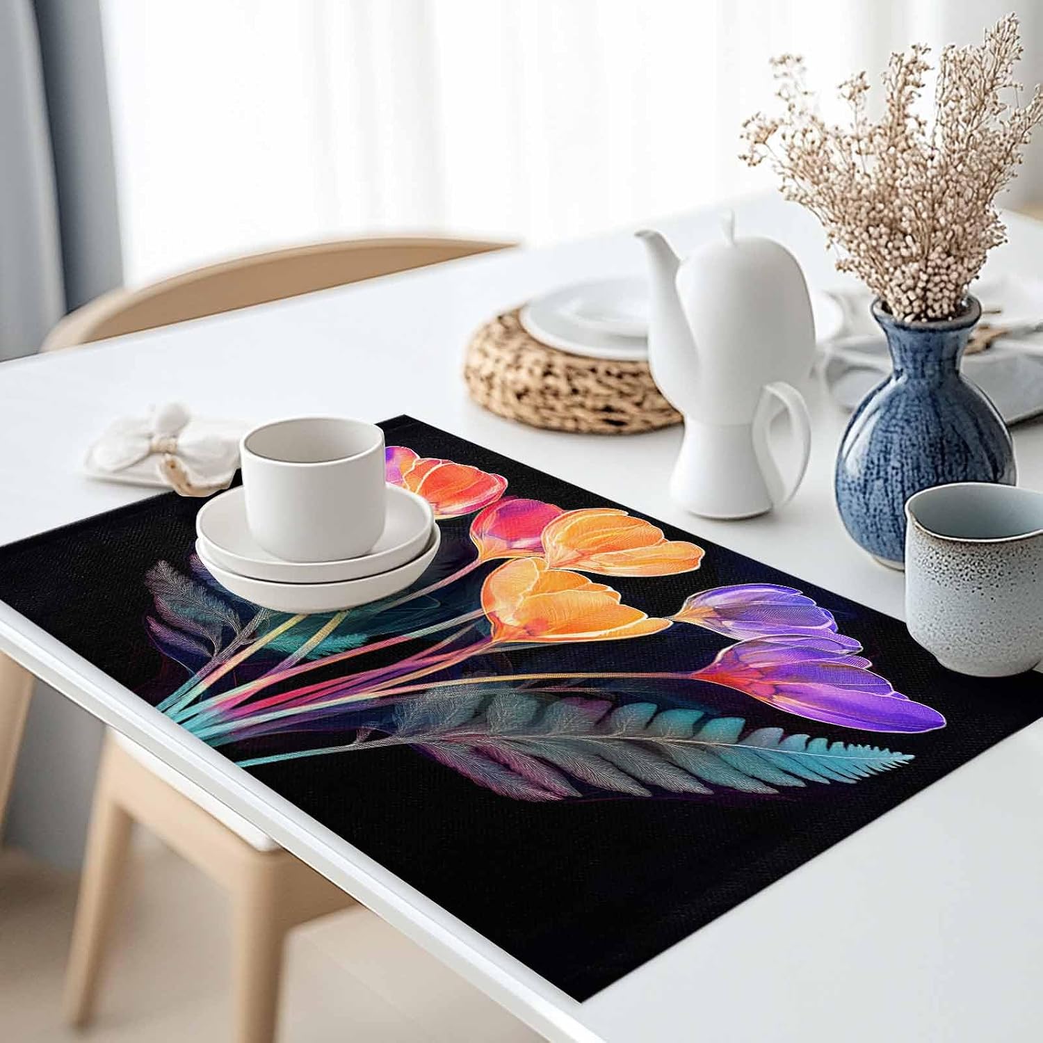 Vintage Flowers Placemats, Farmhouse Tulips Washable Cotton Linen Table Mats for Kitchen Dining Table, Heat Insulation Place Mats for Indoor Outdoor Parties, Holiday Decorations