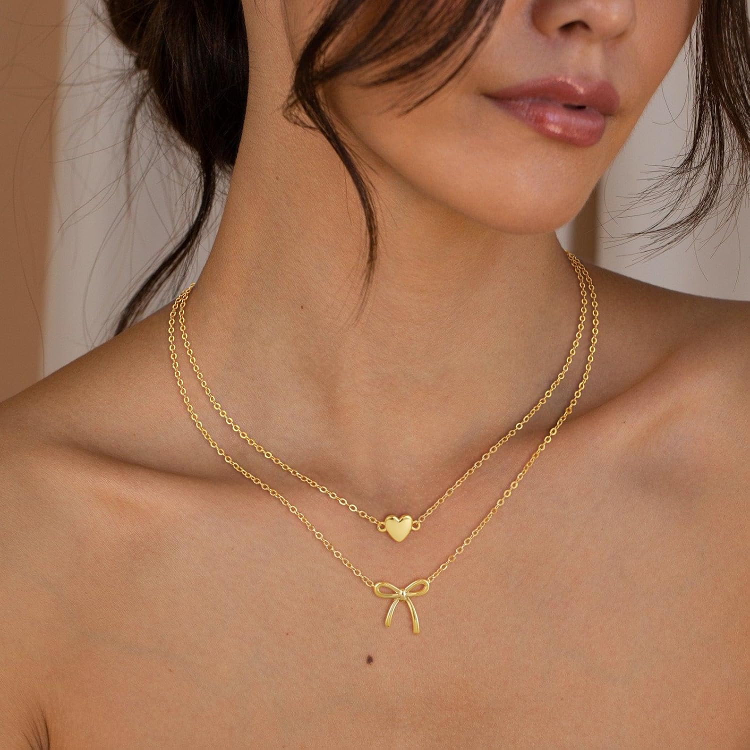 MBW Bow Necklaces for Women Trendy, Dainty Layered 14K Gold Plated Cute Bow Pearl Heart Pendant Choker Necklace Stack Love Choker Waterproof Fashion Jewelry Set Gift for Women Mom - Image 4