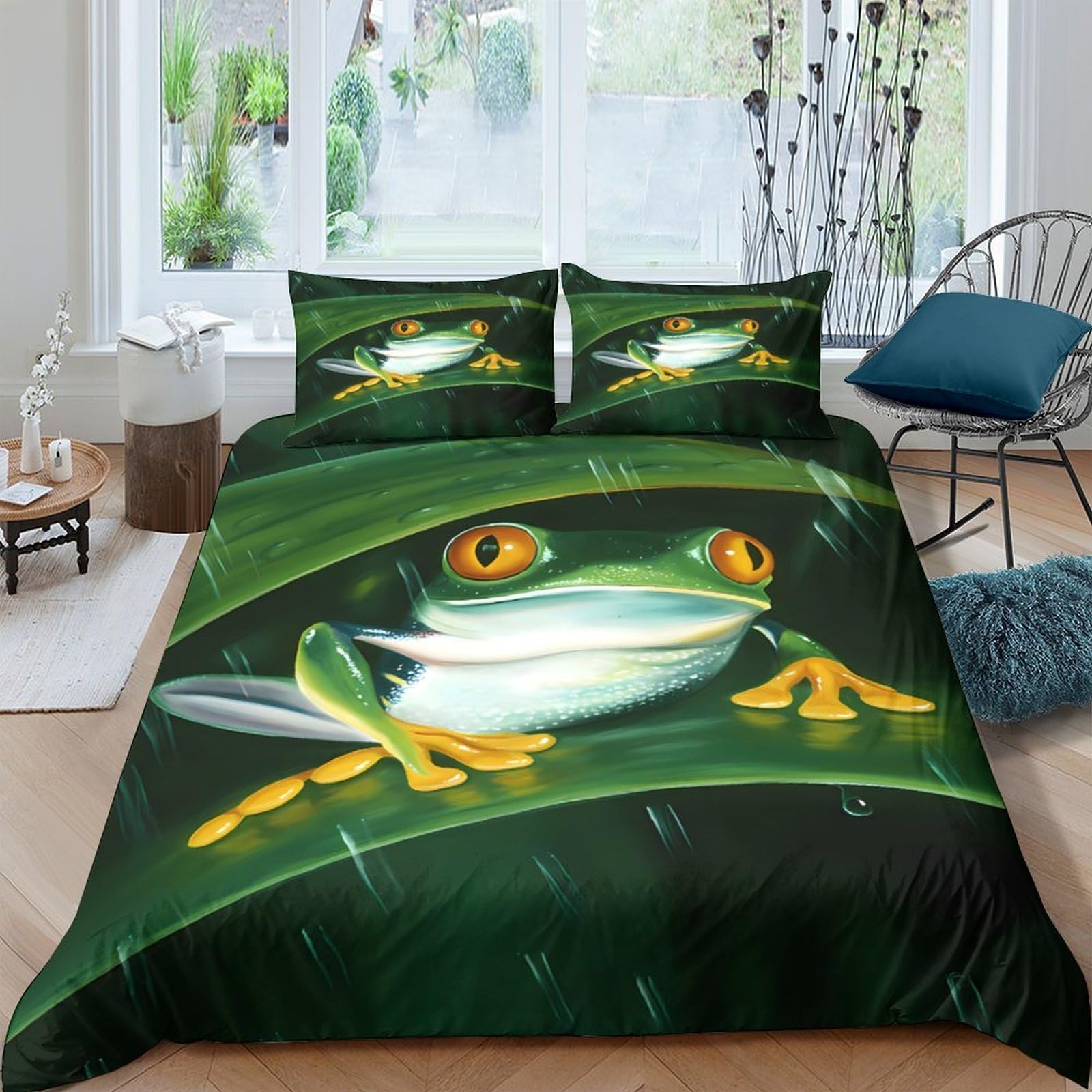 TUFRTGYHN 3D Printed Frog Leaf Duvet Cover Set Microfiber Soft Breathable Rainforest Bedding Set with 2 Pillowcases for Bedroom Single（135x200cm）