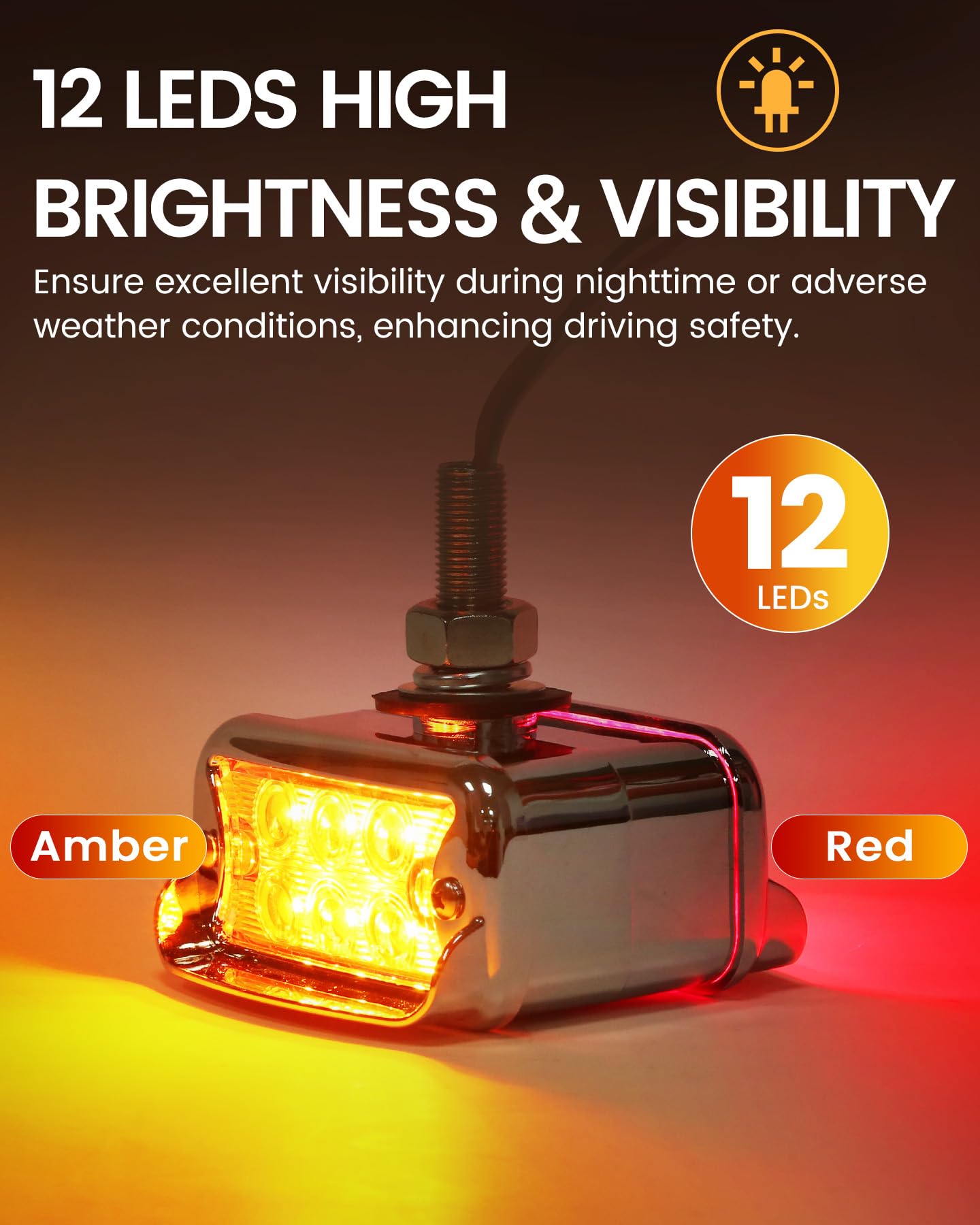 ASNOO 2PCS Amber/Red Dual Revolution 12 LED Turn Signal Marker Lights w/Visor, Semi Truck Double Face Chrome Auxiliary Bumper Pedestal Lights for Freightliner Peterbilt Kenworth Mack Western Star