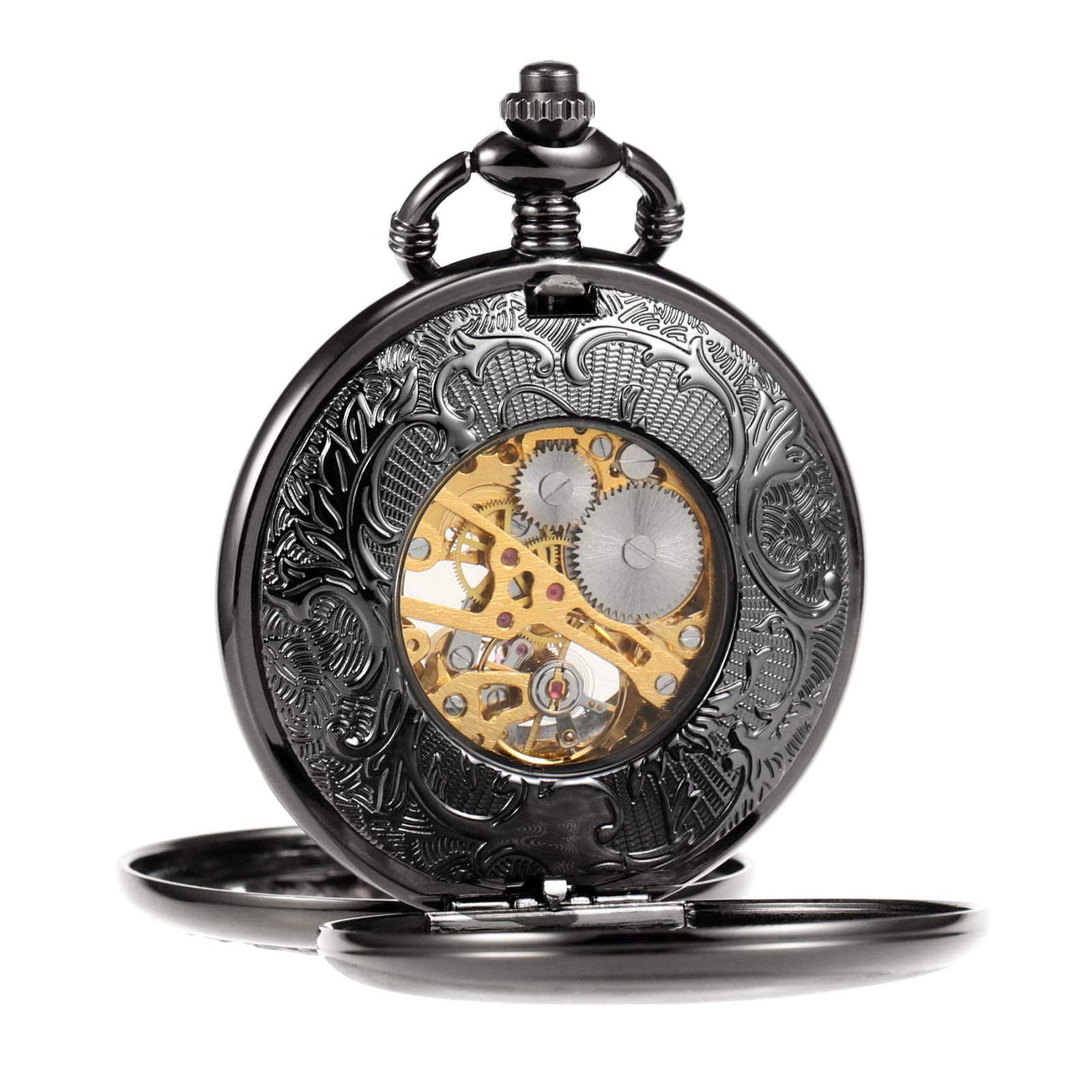 TREEWETO Unisex Antik Taschenuhr Personalisiert Gravur mit Kette analog Handaufzug Drache Phönix Skelett Doppeljäger Römische Schwarz