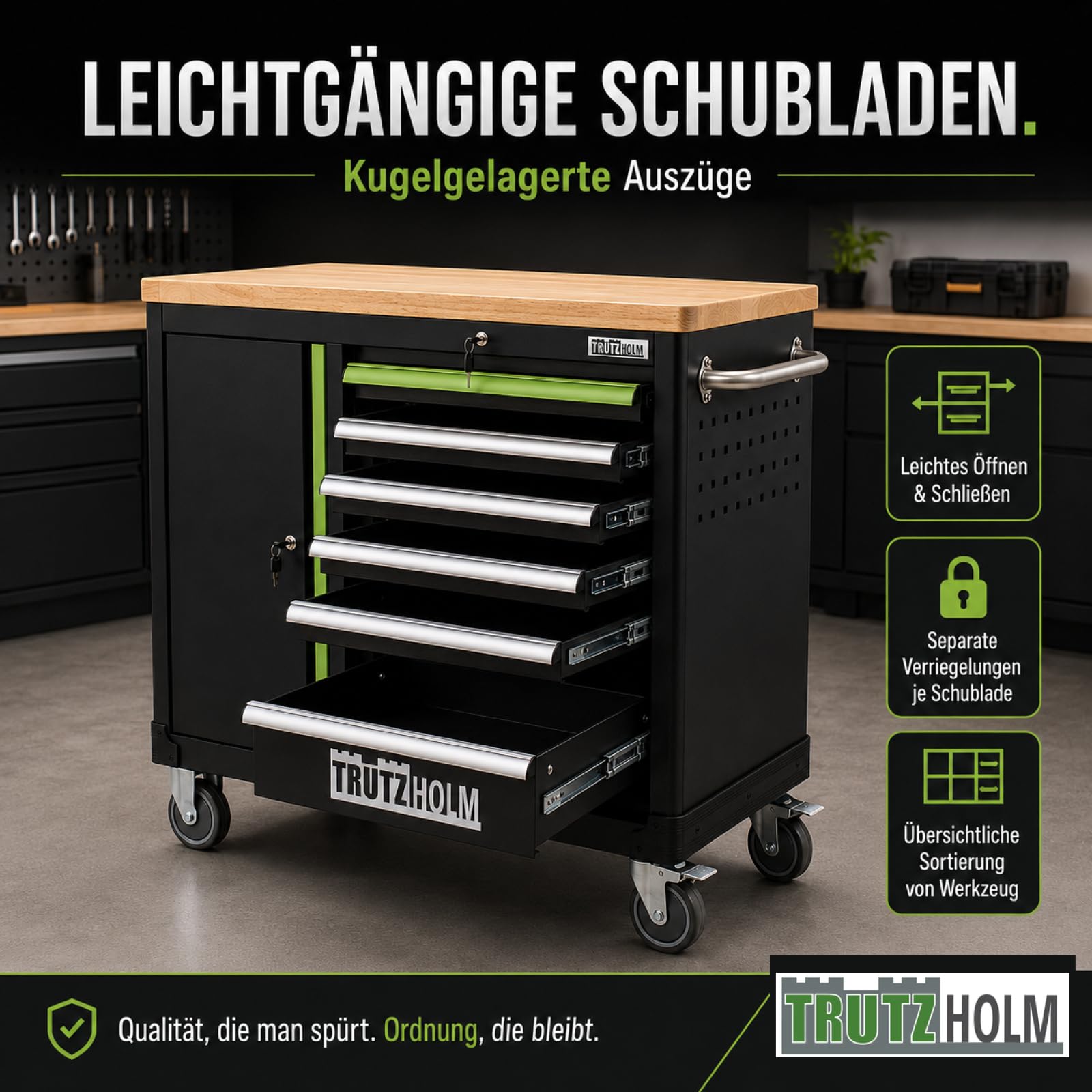 TRUTZHOLM Werkzeugwagen leer Deluxe, Werkstattwagen mit 6 Schubladen & Türfach, abschließbarer Werkzeugschrank rollbar mit Massivholz-Arbeitsplatte, fahrbare Werkbank 108 x 46,5 x 77 cm, grün/schwarz
