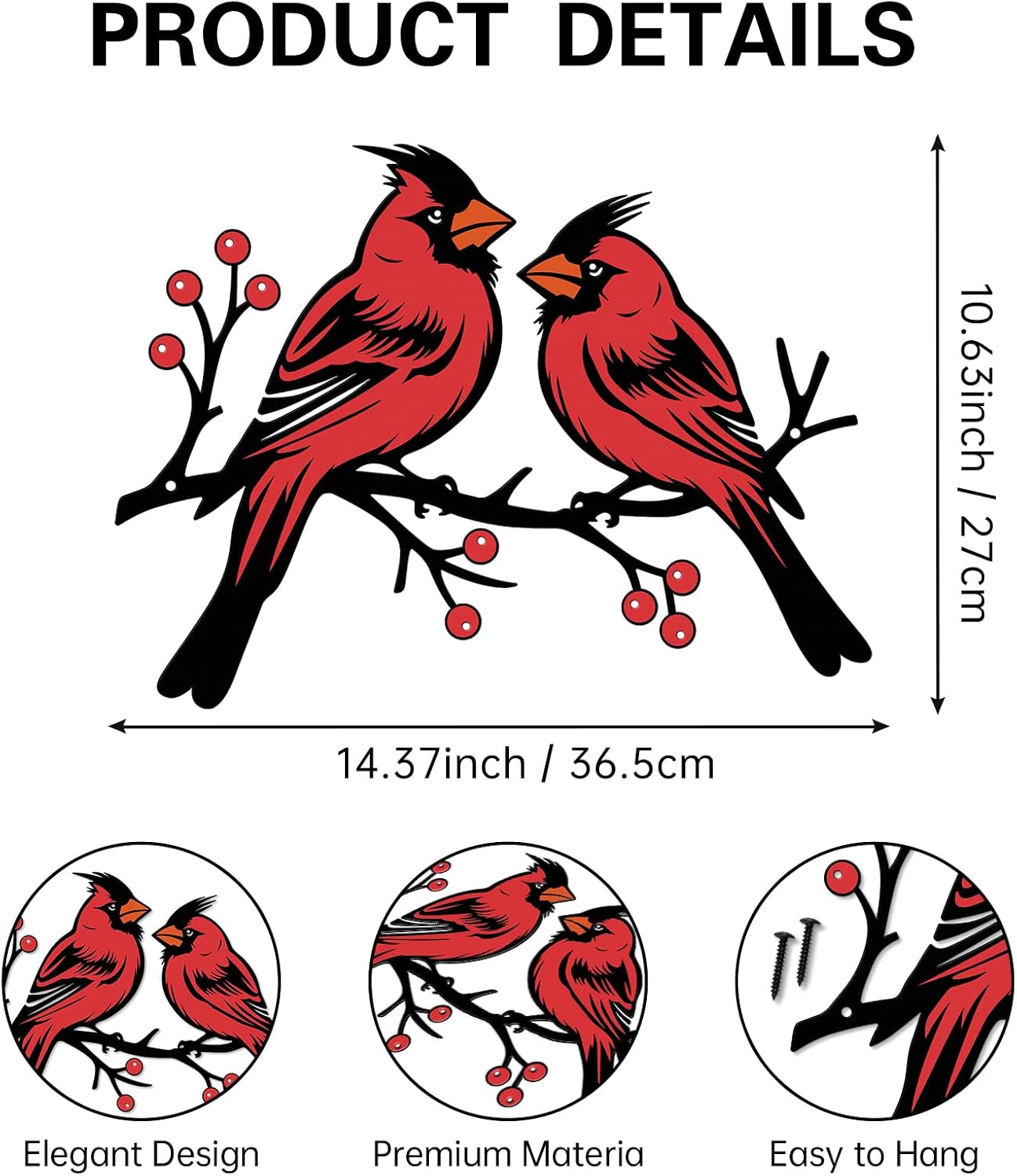 Hnatzu Metal Cardinal Wall Decor – Rustic Red Bird Art for Indoor & Covered Outdoor image 2