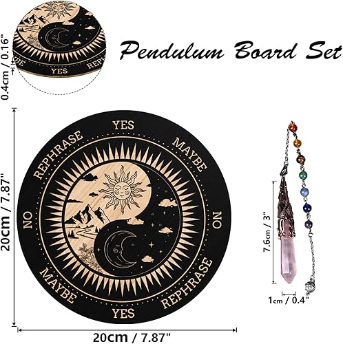 Miniatura 2 de ORIGACH Tablero de péndulo de sol y luna de 7.9 pulgadas, tablero de adivinación de brujería de madera con péndulo de radiestesia de cristal para