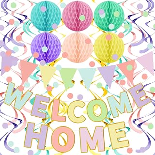 Welcome Home Decorations, Welcome Home Banner Kit – Macaron Pastel Party Supplies with Pre-Strung Bunting, Honeycomb Balls & Swirls for Homecoming