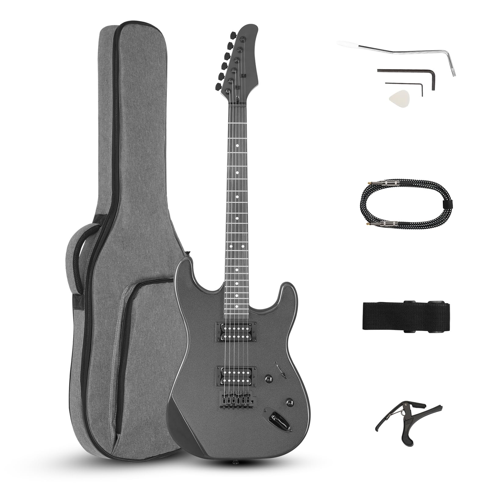 Ktaxon 39 Inch Electric Guitar, Full Size Solid Body H-H Pickups 6 Strings Beginner Guitar Kit With Upgrade Cable & Guitar Capo, Tremolo Arm, Gig Bag & Strap (Metal Grey)