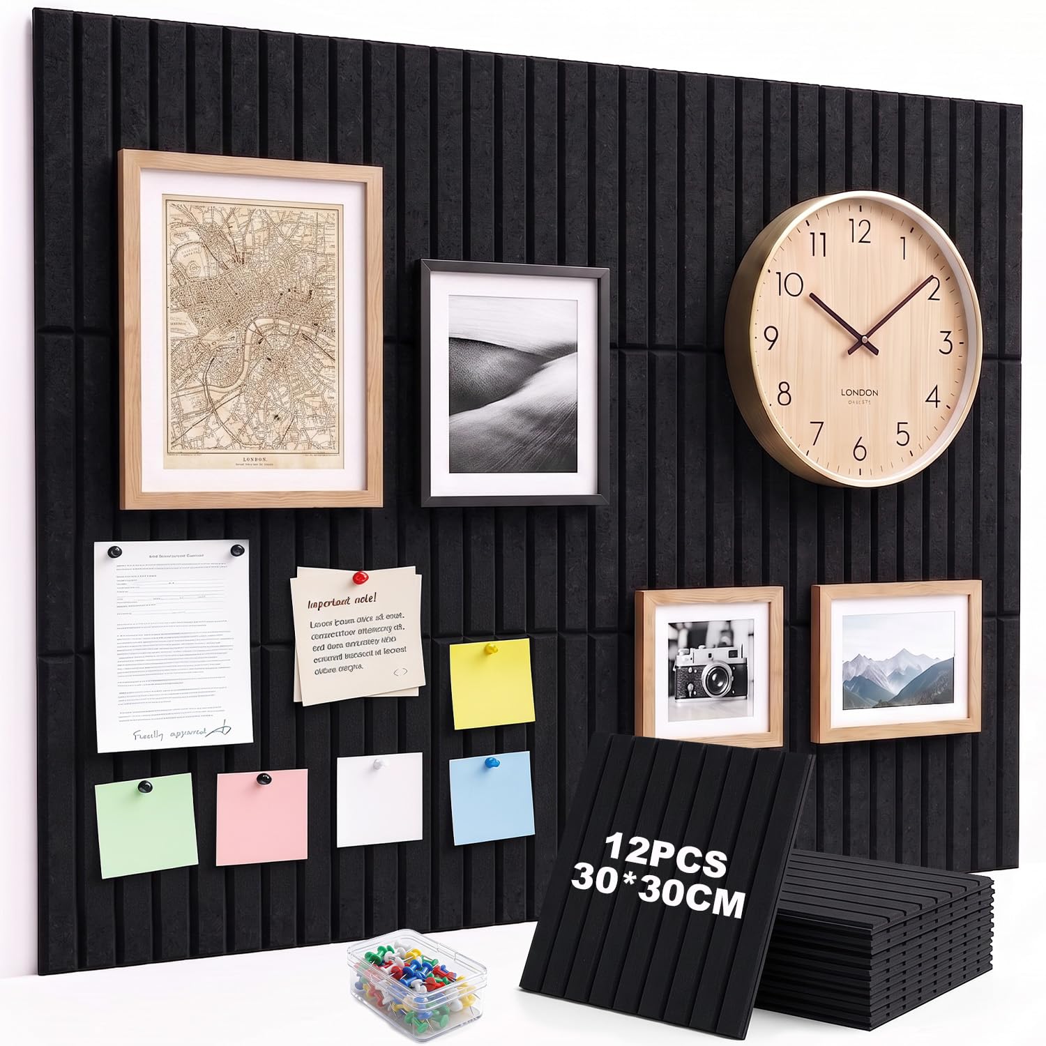 12 Pack Large Cork Board Wall Panels Self Adhesive,120x90cm Felt Pin Board with 30 Notice Board Pins,Bulletin Board for Home Office Kitchen,Vision Board for Photos Memos Wall Decorative (Black)