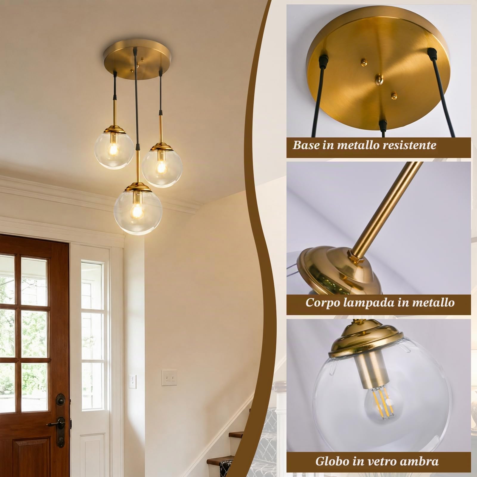 CONERY Lampadari a sospensione in vetro a 3 luci Lampadario in ottone dorato vintage Lampada a sospensione a sospensione a sfera regolabile E14 Lampadario a soffitto industriale per isola cucina