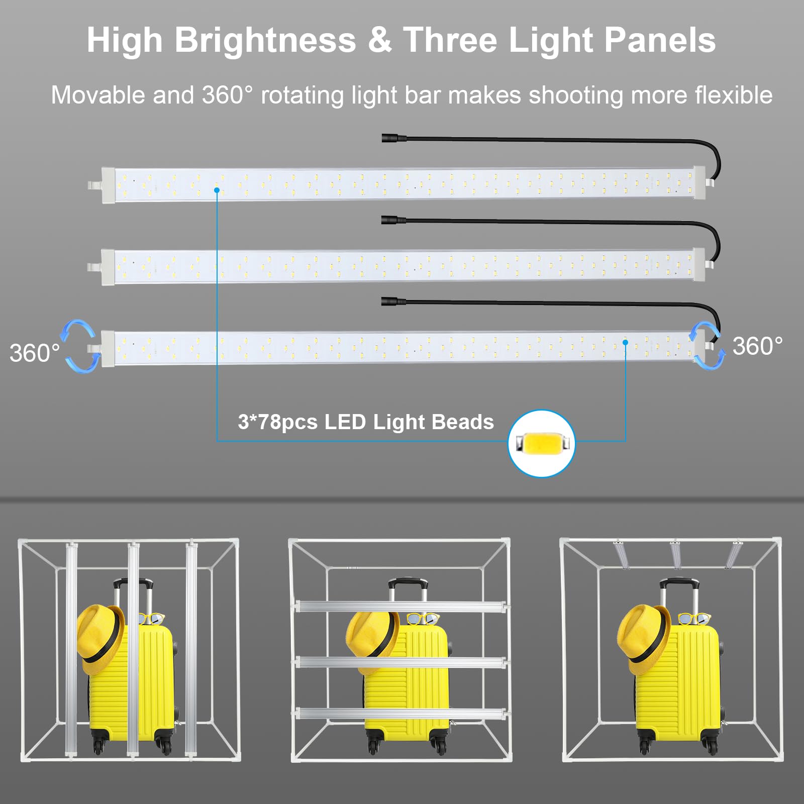 PULUZ Scatola fotografica 80 x 80 cm, 32 pollici, professionale dimmerabile, con 3 strisce luminose mobili, 234 luci LED da 90 W e 4 backdrops in PVC, per grandi fotografie di prodotti