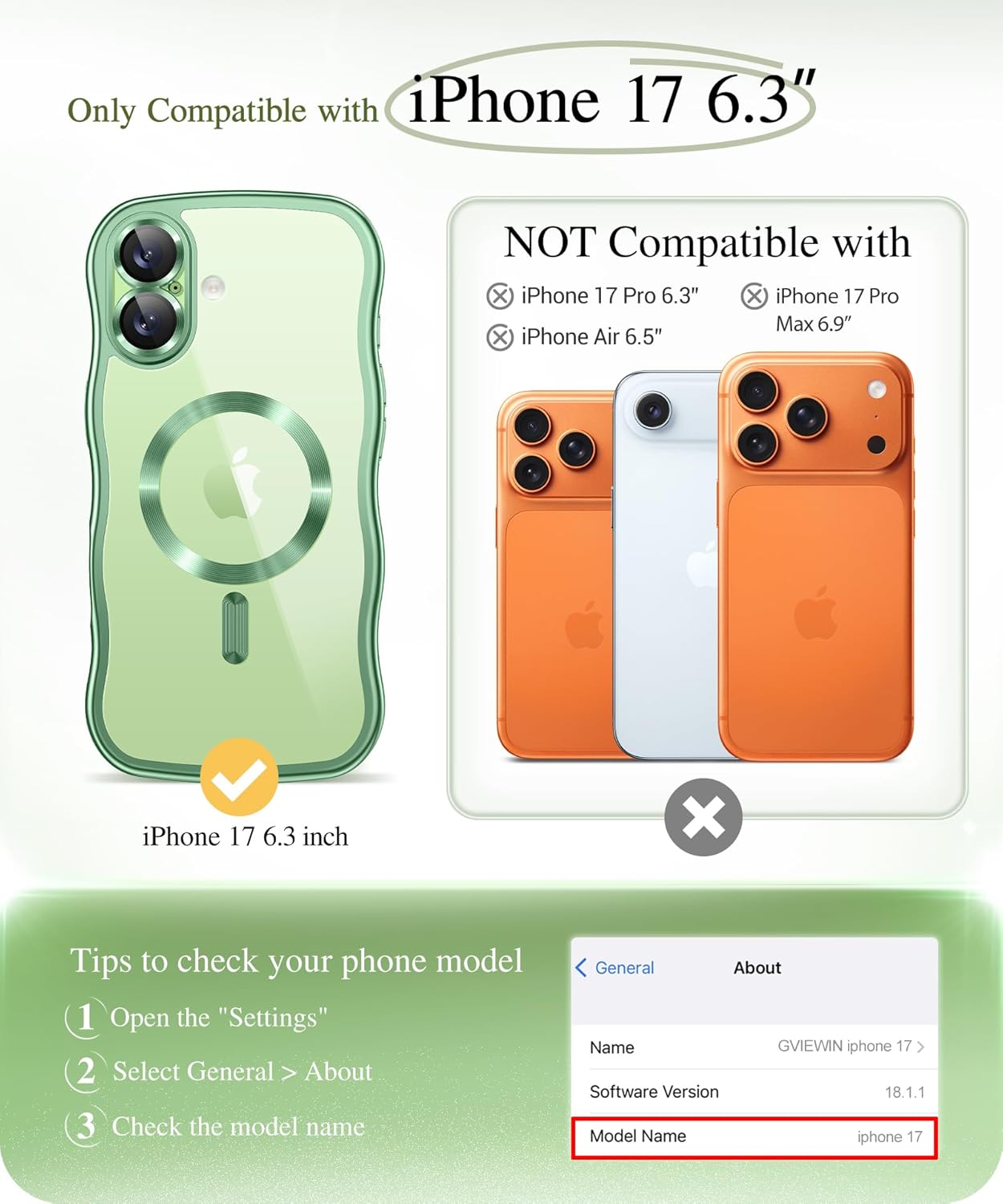 GVIEWIN for iPhone 17 Case Compatible with MagSafe, Upgraded [Full Camera Protection][Cute Wave Frame][Military Grade Protection] Electroplated Hard Phone Cover for Women Girl, Clear/Green