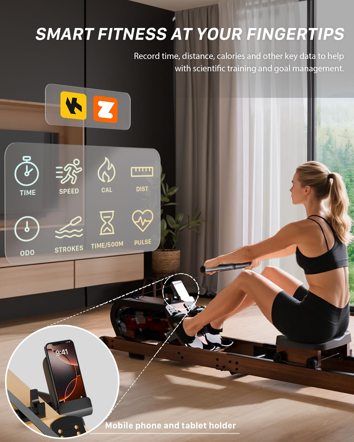Vogatore ad Acqua Pieghevole per Casa in Legno di Bambù, Rematore Professionale Bluetooth Kinomap, Vogatore Salvaspazio Silenzioso con Monitor LCD, Supporto Tablet e Allenamento Total Body